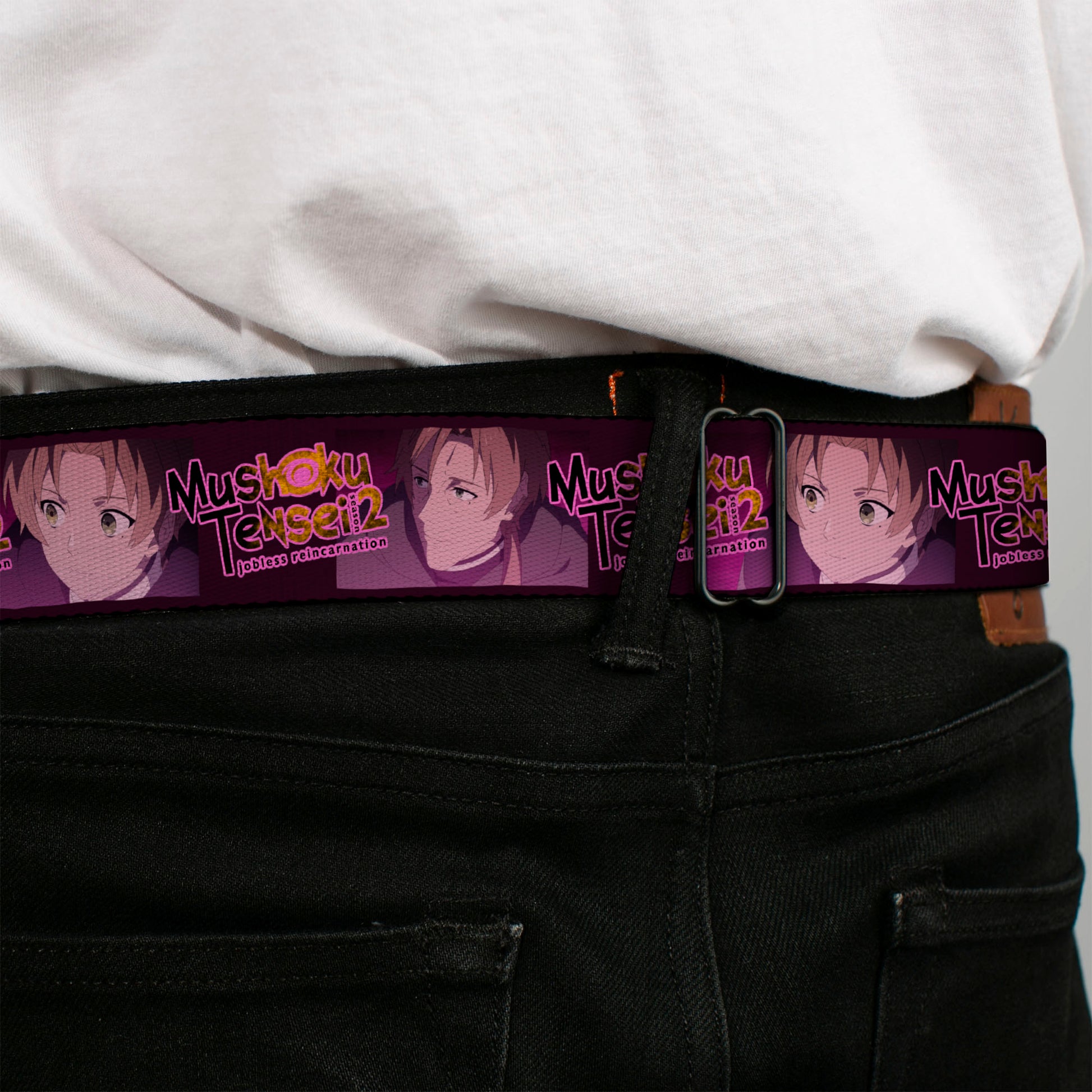 MUSHOKU TENSEI SEASON 2 JOBLESS REINACARNATION Title Logo Full Color White Seatbelt Belt - MUSHOKU TENSEI Rudeus and Paul Pose and Title Logo Pinks Webbing Seatbelt Belts Mushoku Tensei Jobless Reincarnation