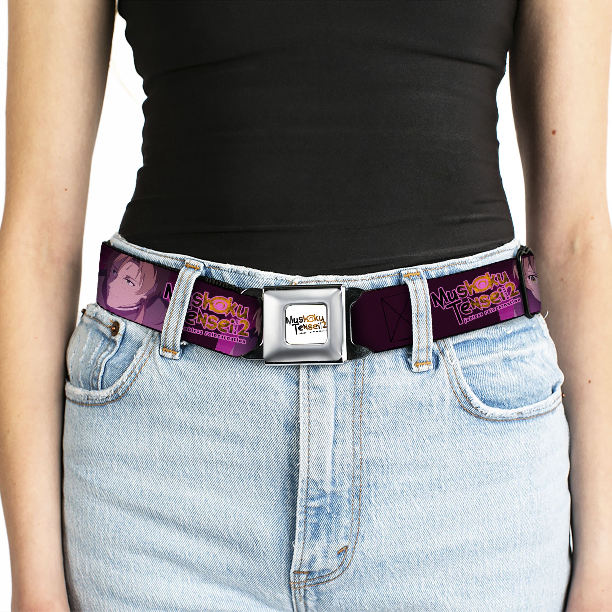 MUSHOKU TENSEI SEASON 2 JOBLESS REINACARNATION Title Logo Full Color White Seatbelt Belt - MUSHOKU TENSEI Rudeus and Paul Pose and Title Logo Pinks Webbing Seatbelt Belts Mushoku Tensei Jobless Reincarnation