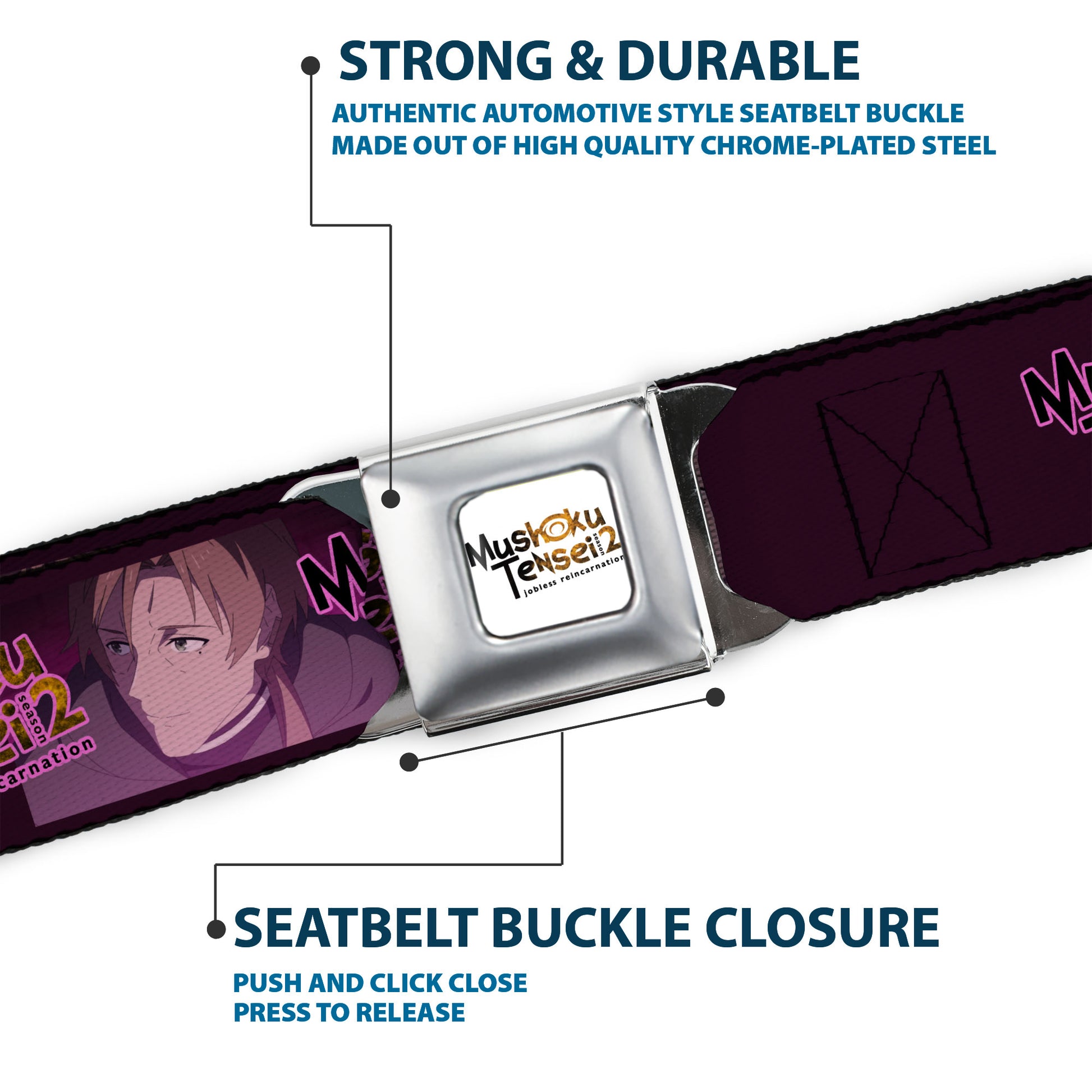 MUSHOKU TENSEI SEASON 2 JOBLESS REINACARNATION Title Logo Full Color White Seatbelt Belt - MUSHOKU TENSEI Rudeus and Paul Pose and Title Logo Pinks Webbing Seatbelt Belts Mushoku Tensei Jobless Reincarnation
