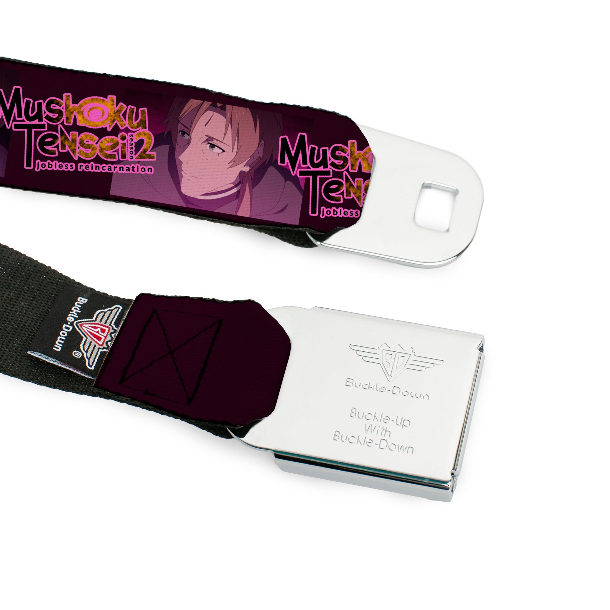 MUSHOKU TENSEI SEASON 2 JOBLESS REINACARNATION Title Logo Full Color White Seatbelt Belt - MUSHOKU TENSEI Rudeus and Paul Pose and Title Logo Pinks Webbing Seatbelt Belts Mushoku Tensei Jobless Reincarnation