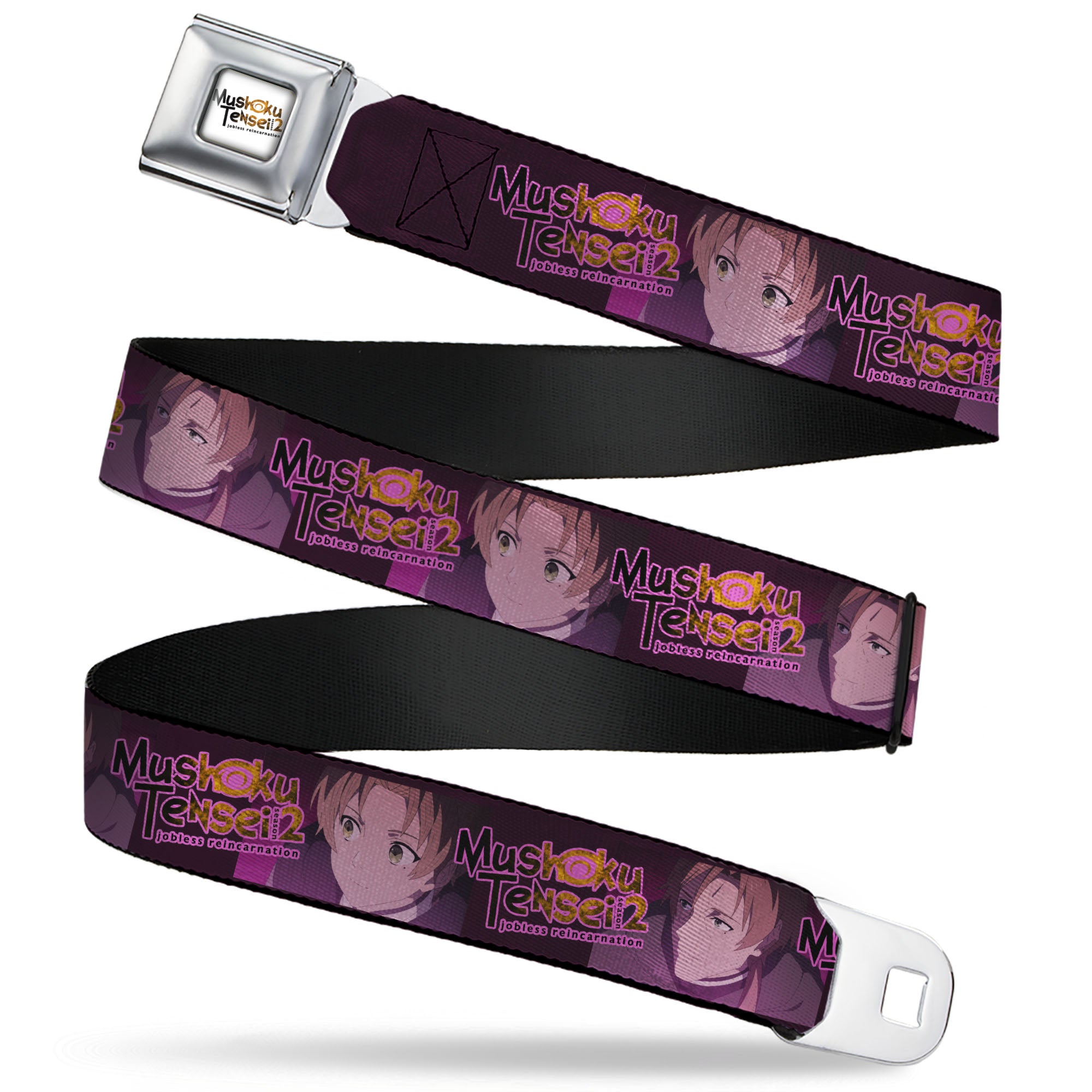 MUSHOKU TENSEI SEASON 2 JOBLESS REINACARNATION Title Logo Full Color White Seatbelt Belt - MUSHOKU TENSEI Rudeus and Paul Pose and Title Logo Pinks Webbing Seatbelt Belts Mushoku Tensei Jobless Reincarnation