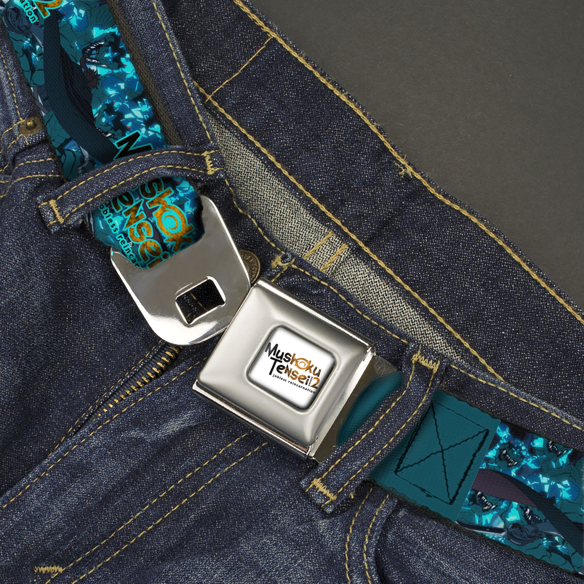 MUSHOKU TENSEI SEASON 2 JOBLESS REINACARNATION Title Logo Full Color White Seatbelt Belt - MUSHOKU TENSEI Manatite Hydra Magic Crystal Battle Scene and Title Logo Blues Webbing Seatbelt Belts Mushoku Tensei Jobless Reincarnation