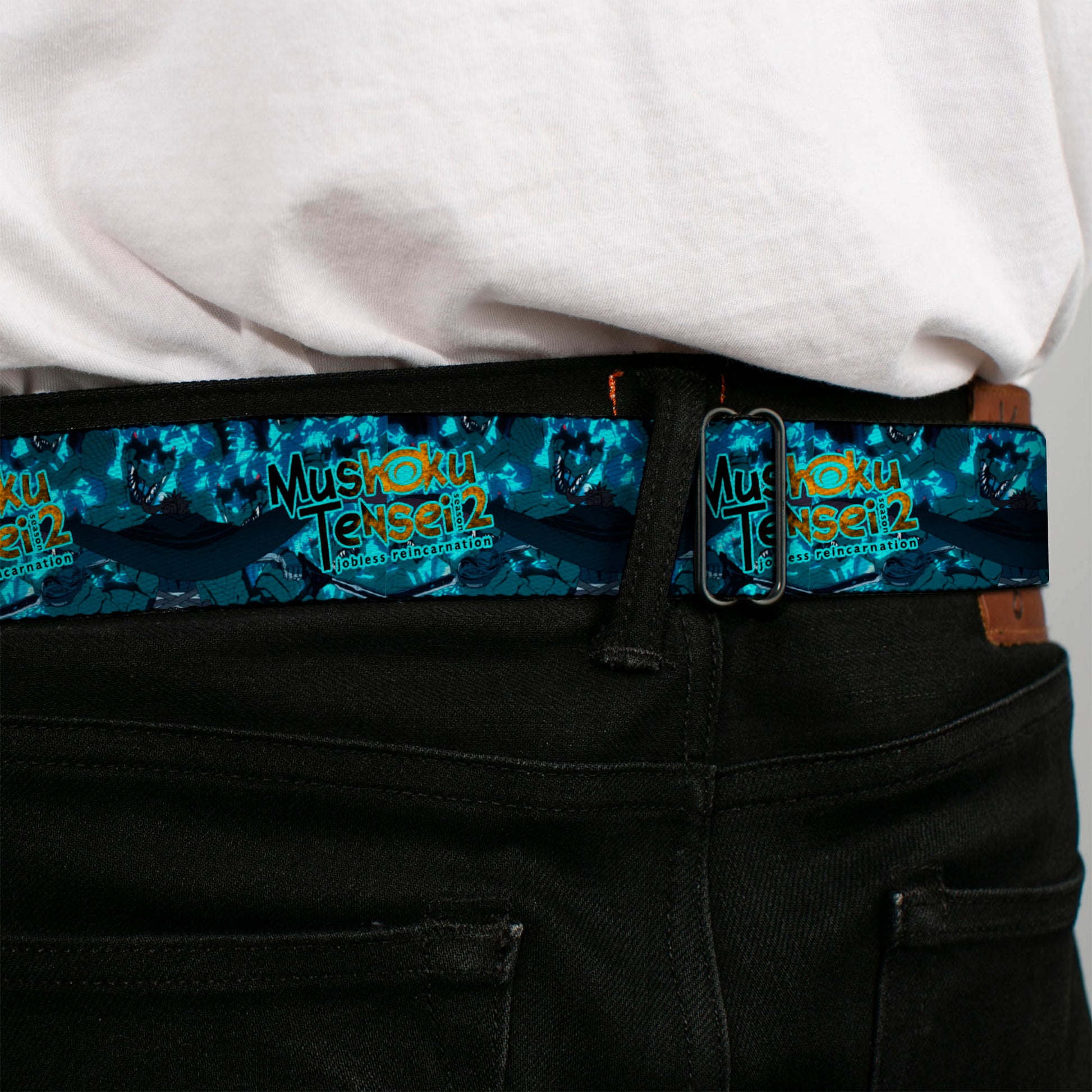 MUSHOKU TENSEI SEASON 2 JOBLESS REINACARNATION Title Logo Full Color White Seatbelt Belt - MUSHOKU TENSEI Manatite Hydra Magic Crystal Battle Scene and Title Logo Blues Webbing Seatbelt Belts Mushoku Tensei Jobless Reincarnation