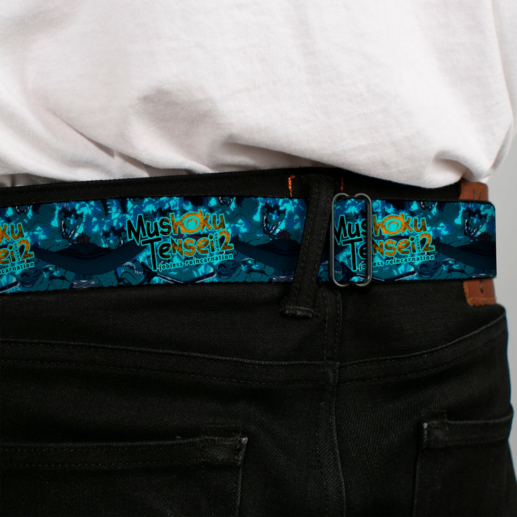 MUSHOKU TENSEI SEASON 2 JOBLESS REINACARNATION Title Logo Full Color White Seatbelt Belt - MUSHOKU TENSEI Manatite Hydra Magic Crystal Battle Scene and Title Logo Blues Webbing Seatbelt Belts Mushoku Tensei Jobless Reincarnation