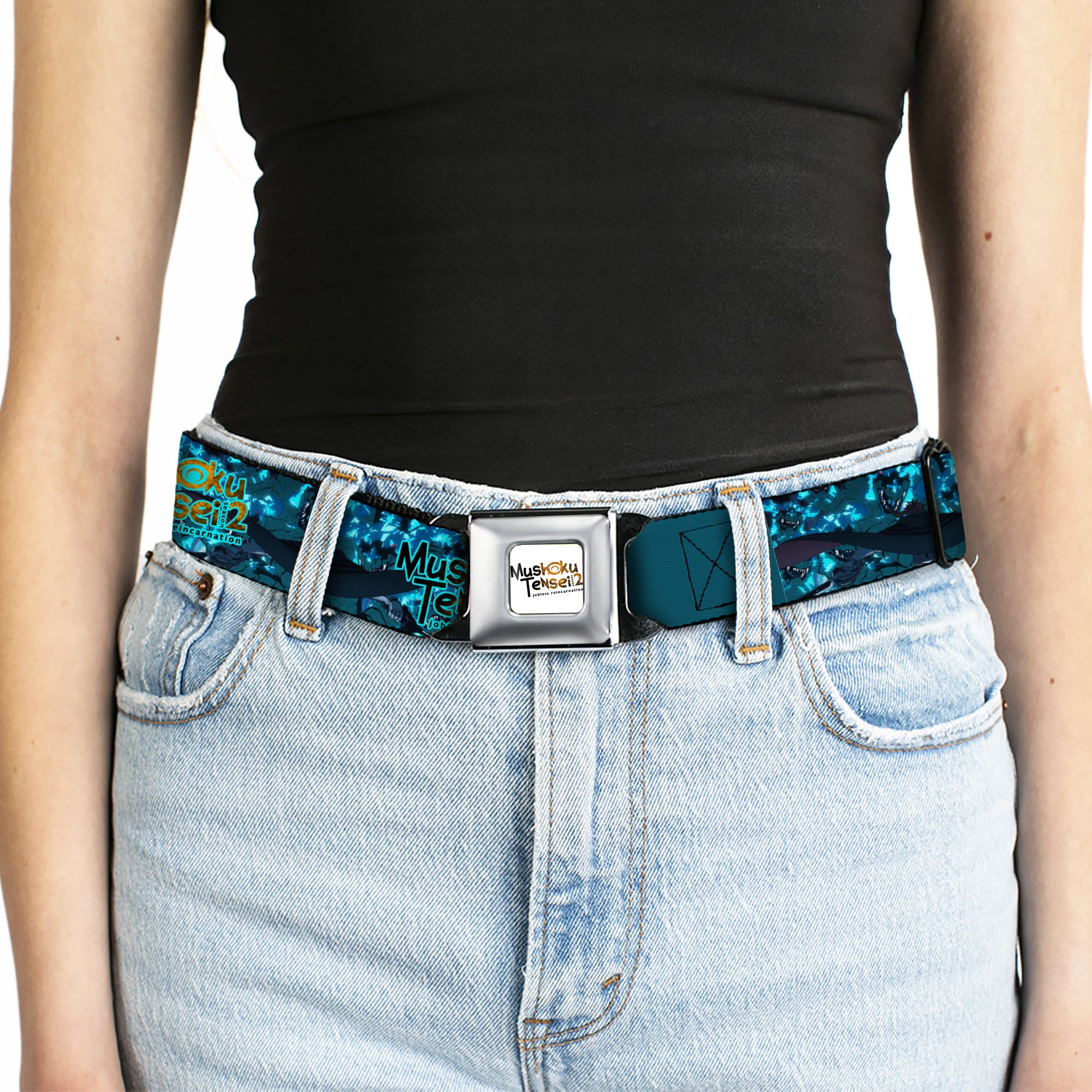 MUSHOKU TENSEI SEASON 2 JOBLESS REINACARNATION Title Logo Full Color White Seatbelt Belt - MUSHOKU TENSEI Manatite Hydra Magic Crystal Battle Scene and Title Logo Blues Webbing Seatbelt Belts Mushoku Tensei Jobless Reincarnation