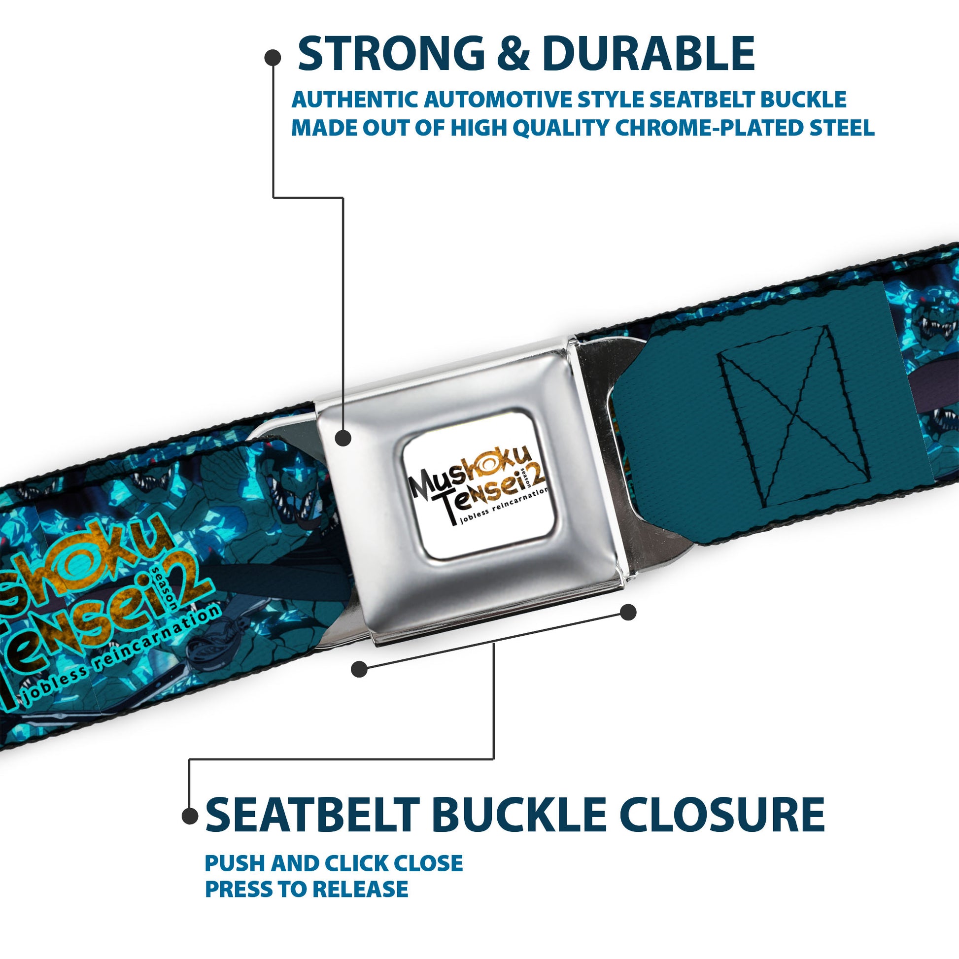 MUSHOKU TENSEI SEASON 2 JOBLESS REINACARNATION Title Logo Full Color White Seatbelt Belt - MUSHOKU TENSEI Manatite Hydra Magic Crystal Battle Scene and Title Logo Blues Webbing Seatbelt Belts Mushoku Tensei Jobless Reincarnation