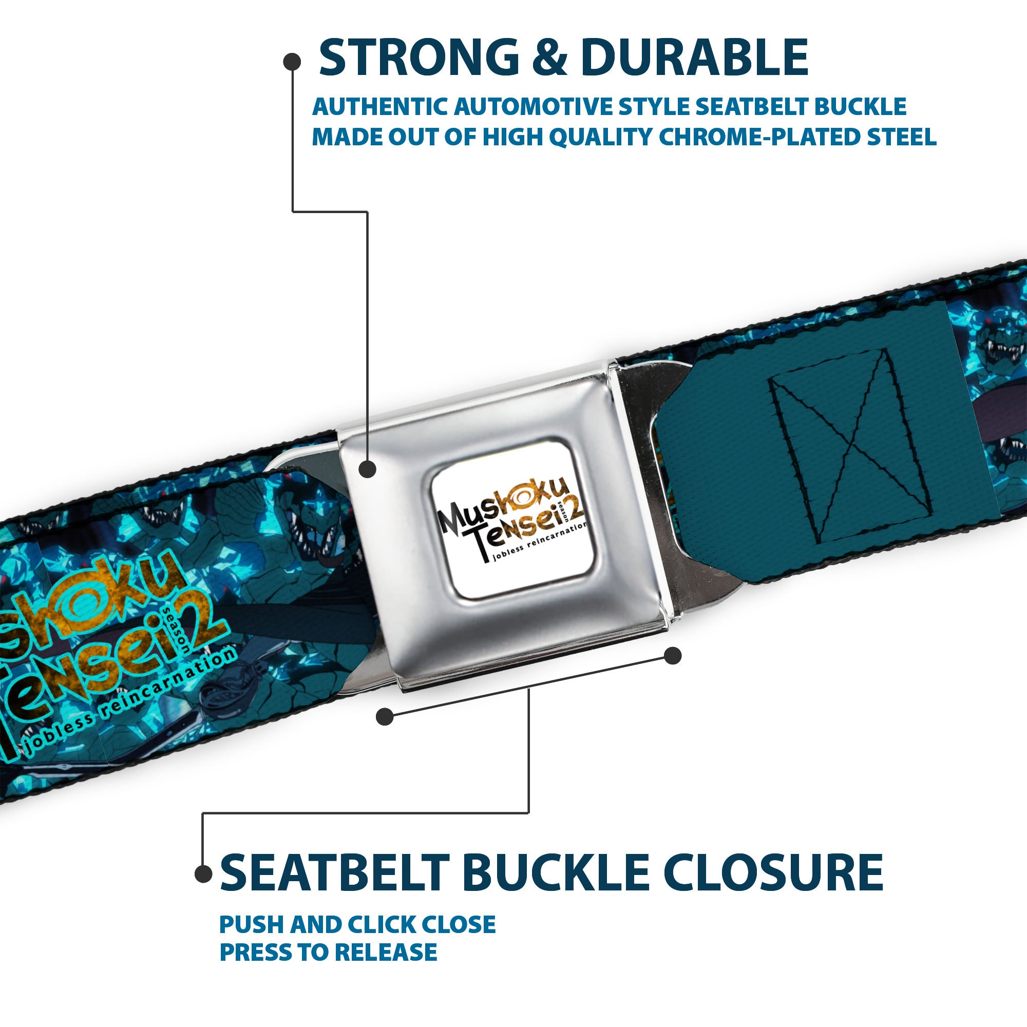 MUSHOKU TENSEI SEASON 2 JOBLESS REINACARNATION Title Logo Full Color White Seatbelt Belt - MUSHOKU TENSEI Manatite Hydra Magic Crystal Battle Scene and Title Logo Blues Webbing Seatbelt Belts Mushoku Tensei Jobless Reincarnation