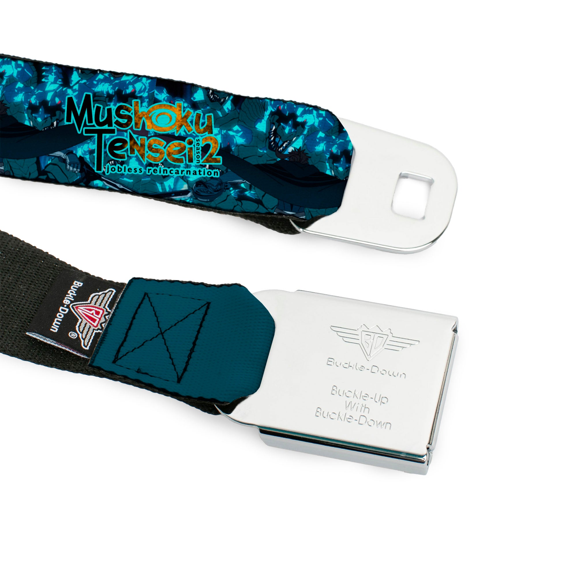 MUSHOKU TENSEI SEASON 2 JOBLESS REINACARNATION Title Logo Full Color White Seatbelt Belt - MUSHOKU TENSEI Manatite Hydra Magic Crystal Battle Scene and Title Logo Blues Webbing Seatbelt Belts Mushoku Tensei Jobless Reincarnation