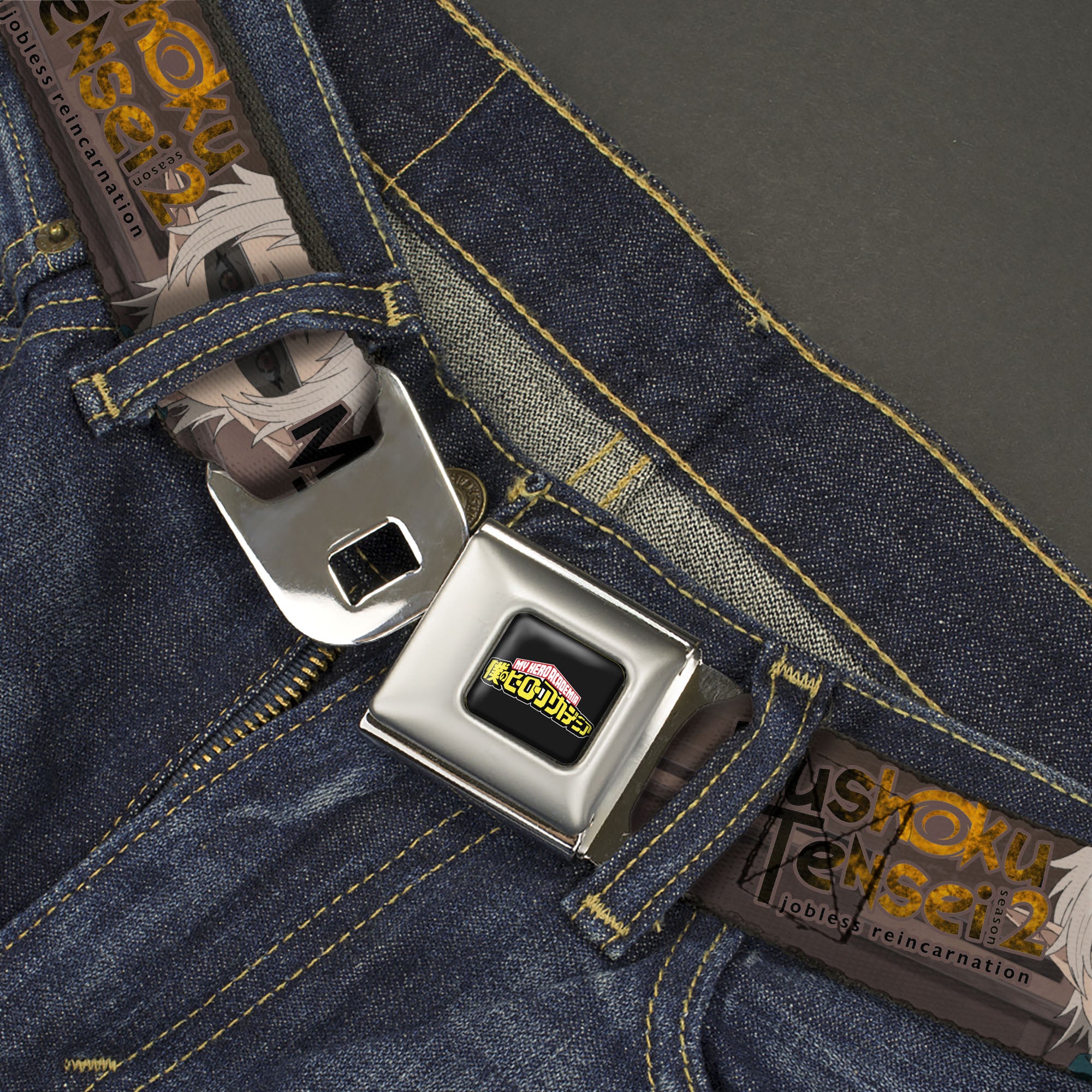 MUSHOKU TENSEI SEASON 2 JOBLESS REINACARNATION Title Logo Full Color White Seatbelt Belt - MUSHOKU TENSEI Sylphiette Fitz Guard Pose and Title Logo Browns Webbing Seatbelt Belts Mushoku Tensei Jobless Reincarnation