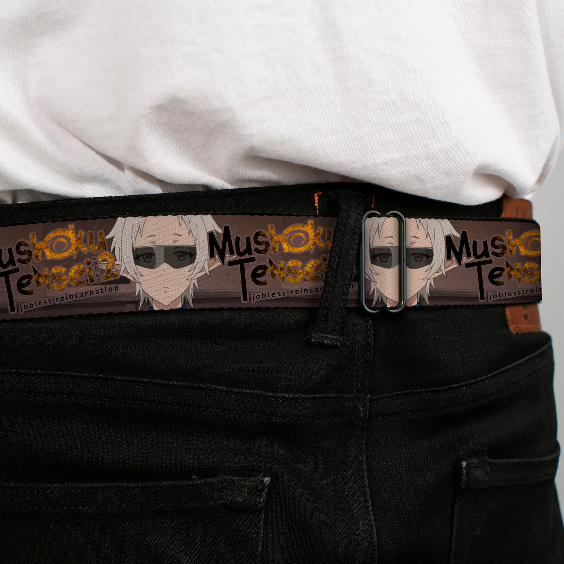 MUSHOKU TENSEI SEASON 2 JOBLESS REINACARNATION Title Logo Full Color White Seatbelt Belt - MUSHOKU TENSEI Sylphiette Fitz Guard Pose and Title Logo Browns Webbing Seatbelt Belts Mushoku Tensei Jobless Reincarnation