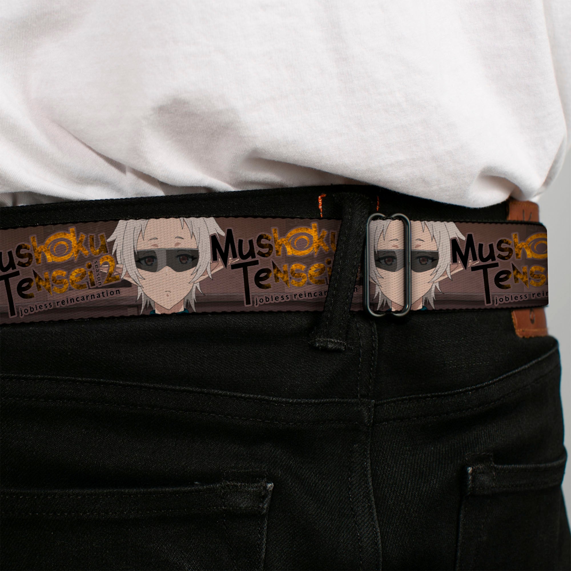 MUSHOKU TENSEI SEASON 2 JOBLESS REINACARNATION Title Logo Full Color White Seatbelt Belt - MUSHOKU TENSEI Sylphiette Fitz Guard Pose and Title Logo Browns Webbing Seatbelt Belts Mushoku Tensei Jobless Reincarnation