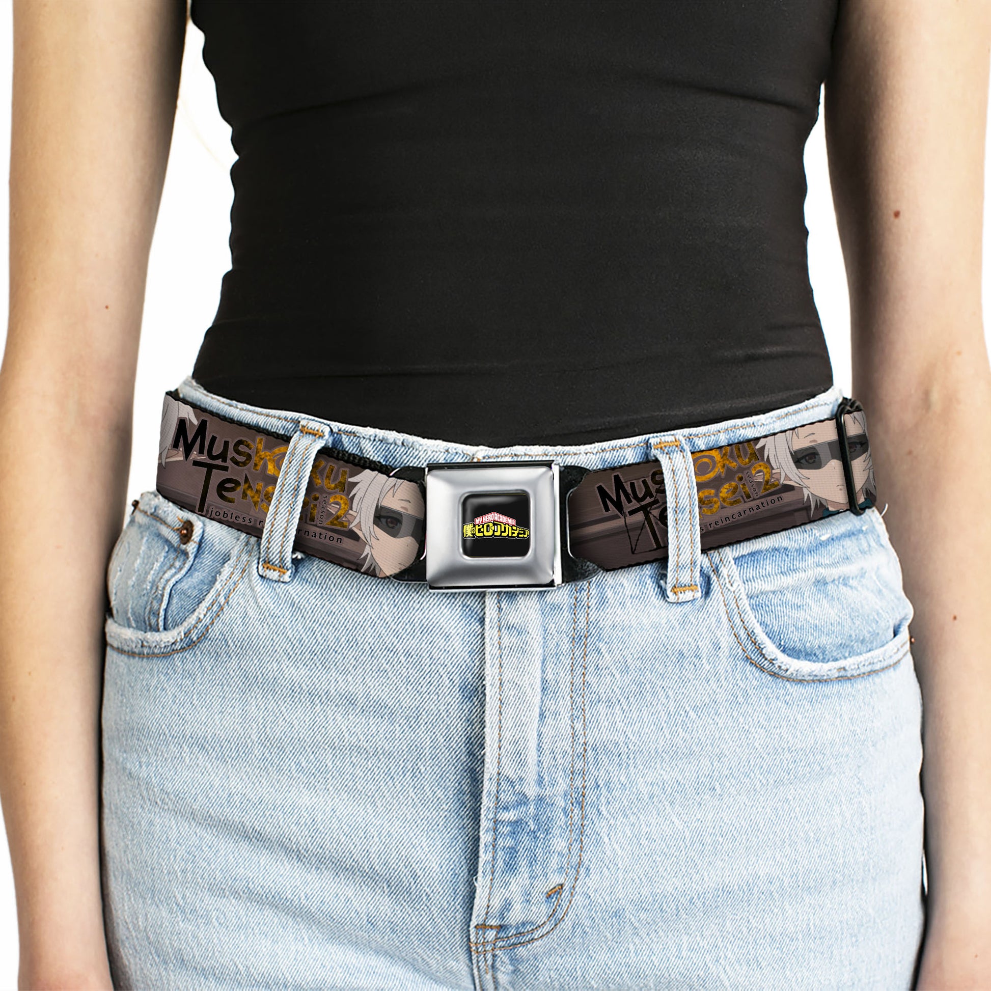 MUSHOKU TENSEI SEASON 2 JOBLESS REINACARNATION Title Logo Full Color White Seatbelt Belt - MUSHOKU TENSEI Sylphiette Fitz Guard Pose and Title Logo Browns Webbing Seatbelt Belts Mushoku Tensei Jobless Reincarnation