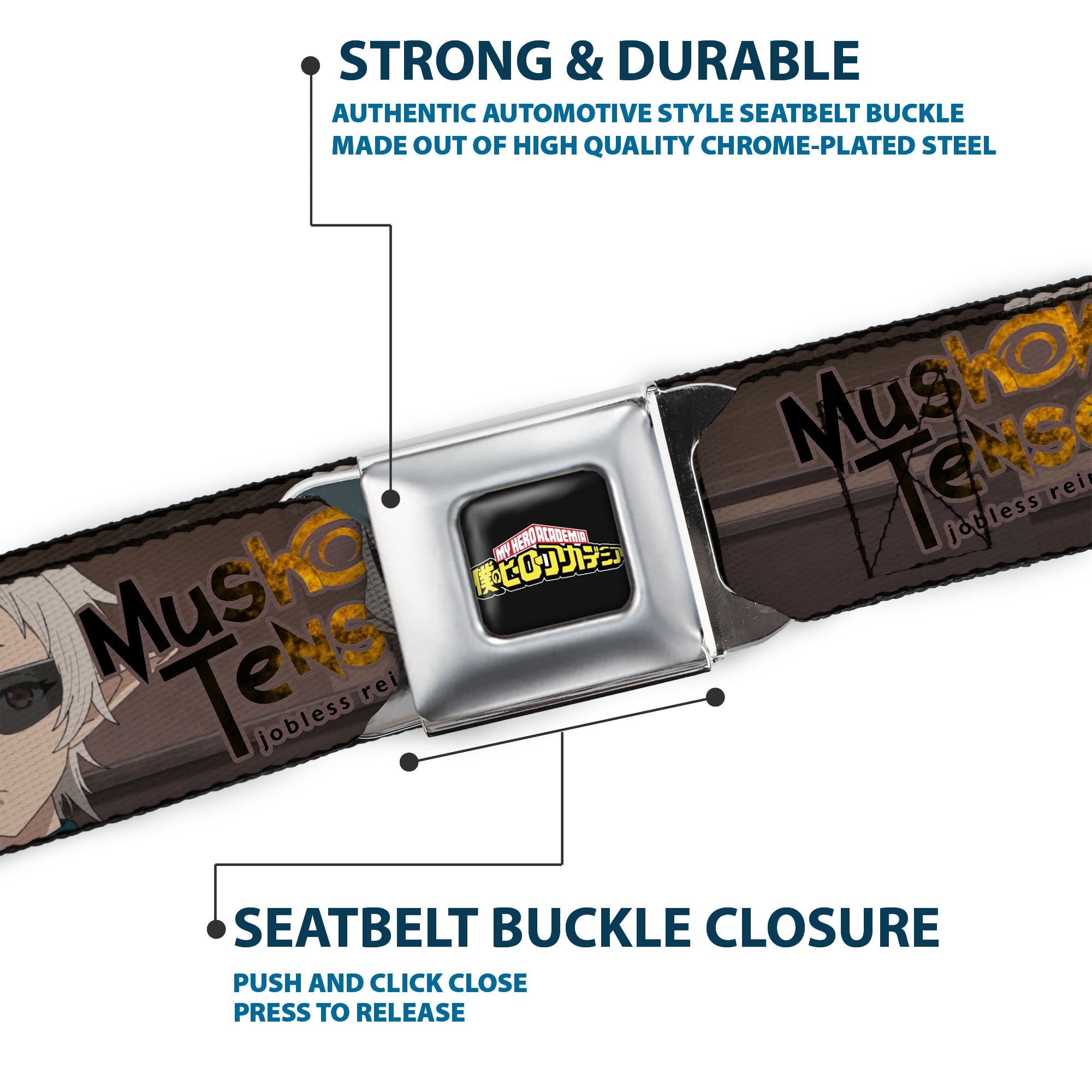 MUSHOKU TENSEI SEASON 2 JOBLESS REINACARNATION Title Logo Full Color White Seatbelt Belt - MUSHOKU TENSEI Sylphiette Fitz Guard Pose and Title Logo Browns Webbing Seatbelt Belts Mushoku Tensei Jobless Reincarnation