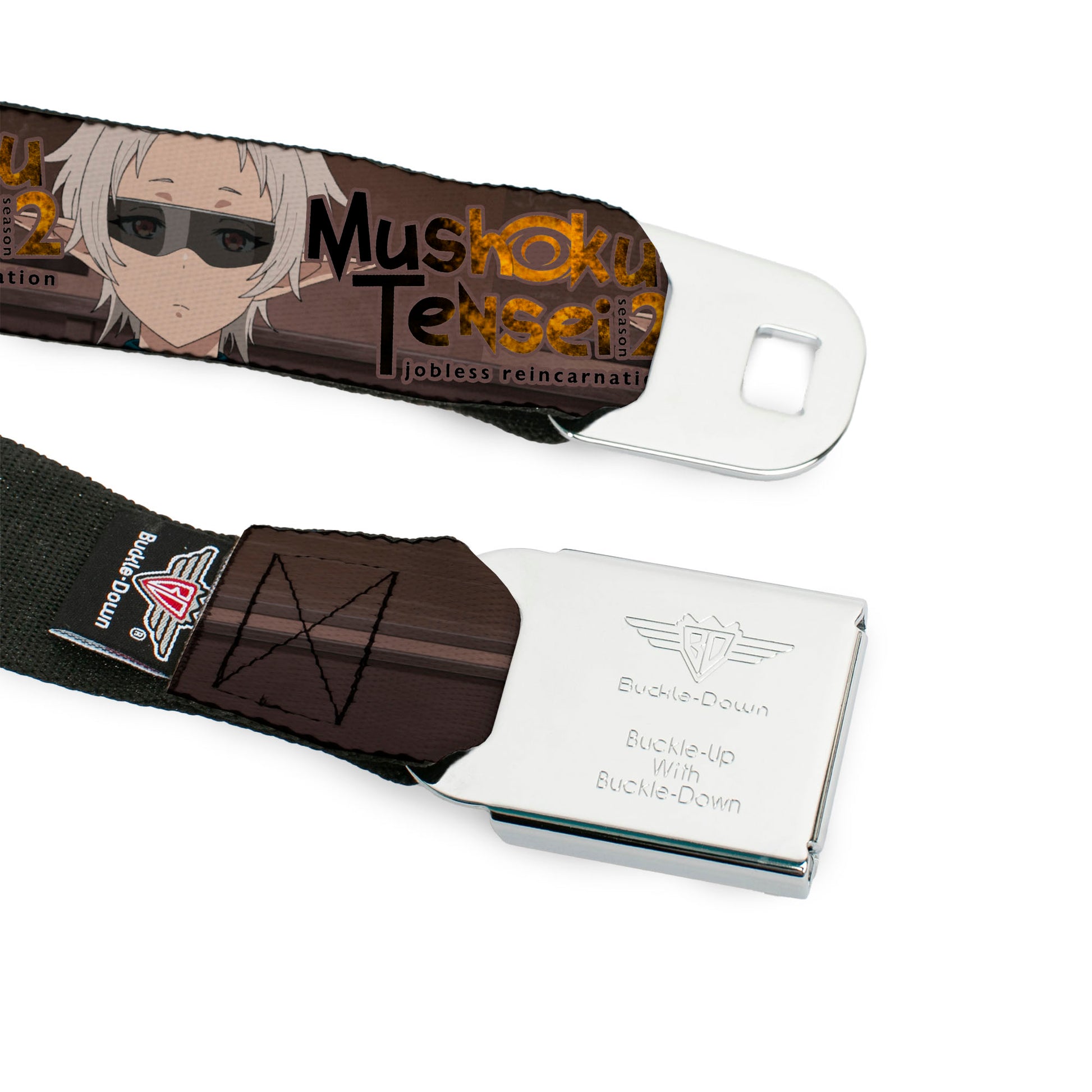 MUSHOKU TENSEI SEASON 2 JOBLESS REINACARNATION Title Logo Full Color White Seatbelt Belt - MUSHOKU TENSEI Sylphiette Fitz Guard Pose and Title Logo Browns Webbing Seatbelt Belts Mushoku Tensei Jobless Reincarnation