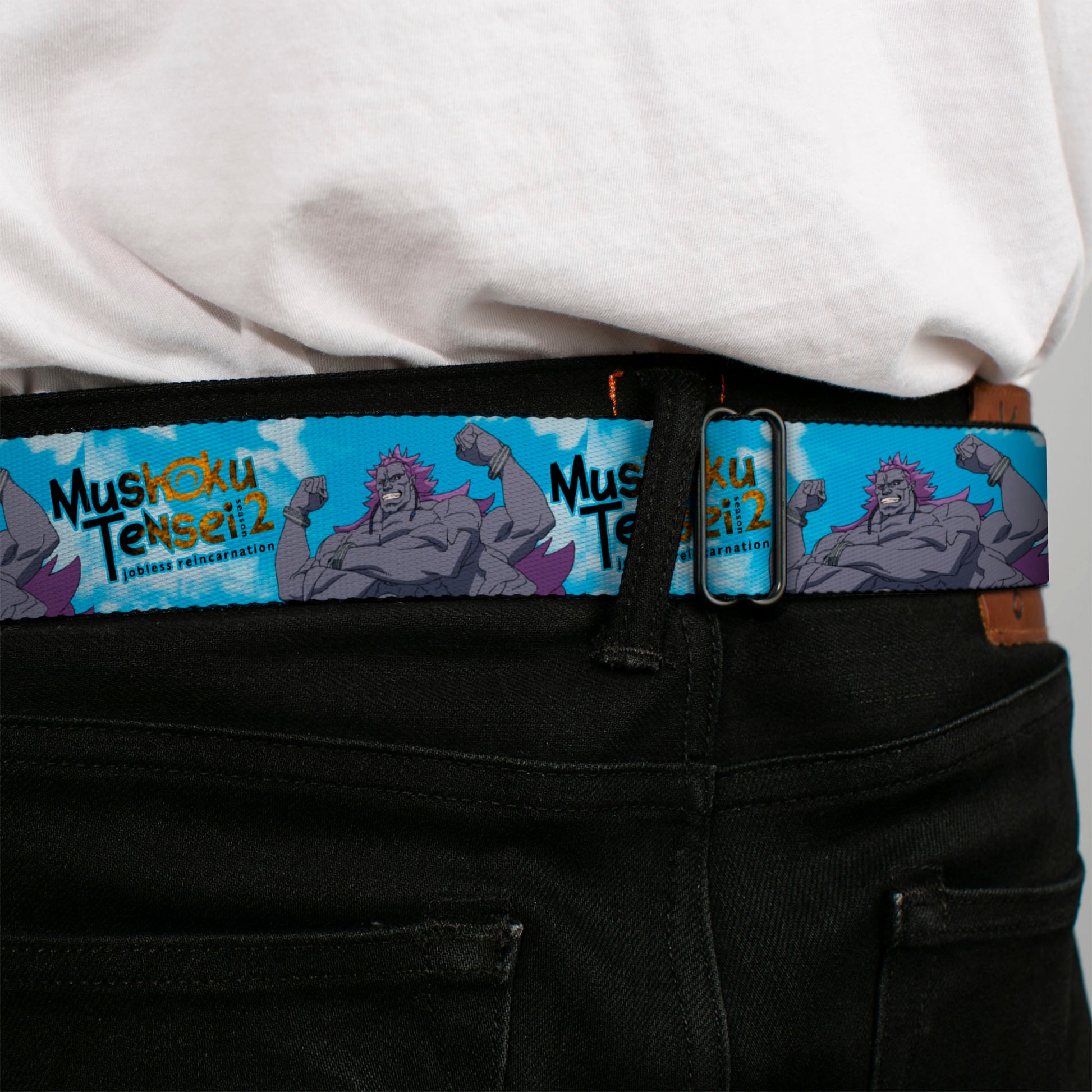 MUSHOKU TENSEI SEASON 2 JOBLESS REINACARNATION Title Logo Full Color White Seatbelt Belt - MUSHOKU TENSEI Badigadi Flex Pose and Title Logo Blue Webbing Seatbelt Belts Mushoku Tensei Jobless Reincarnation