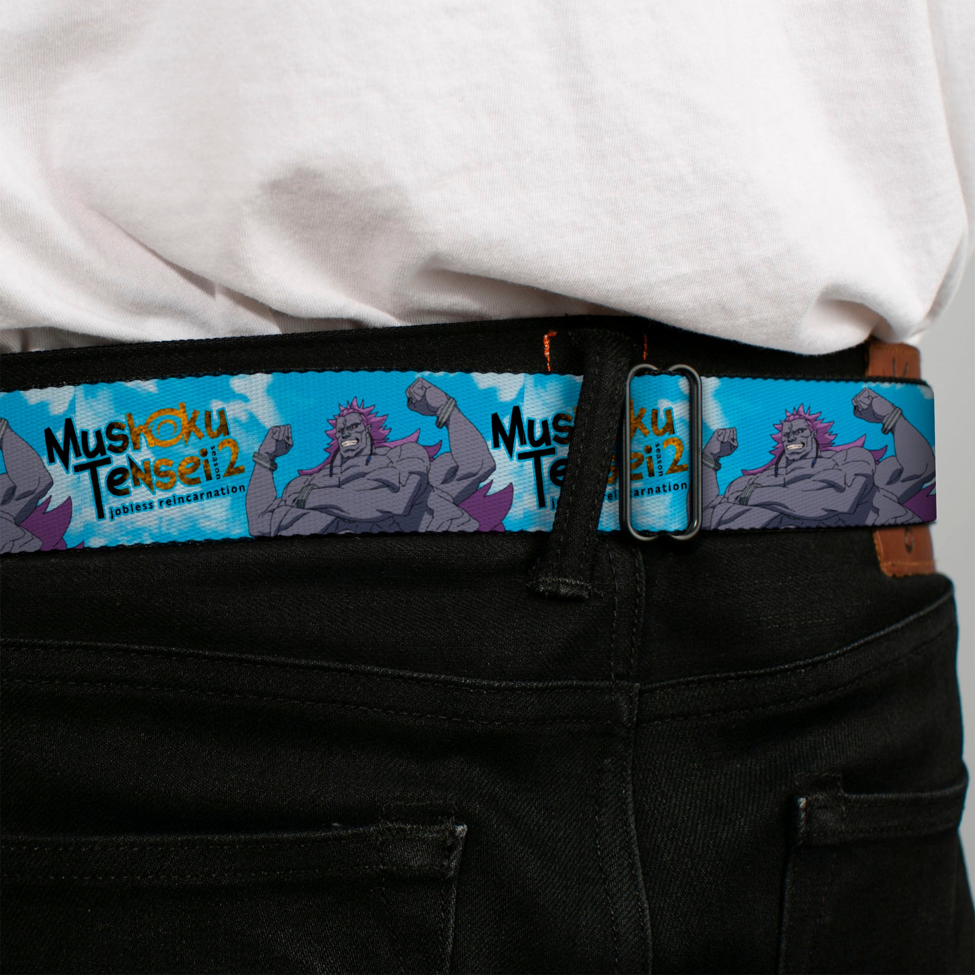 MUSHOKU TENSEI SEASON 2 JOBLESS REINACARNATION Title Logo Full Color White Seatbelt Belt - MUSHOKU TENSEI Badigadi Flex Pose and Title Logo Blue Webbing Seatbelt Belts Mushoku Tensei Jobless Reincarnation