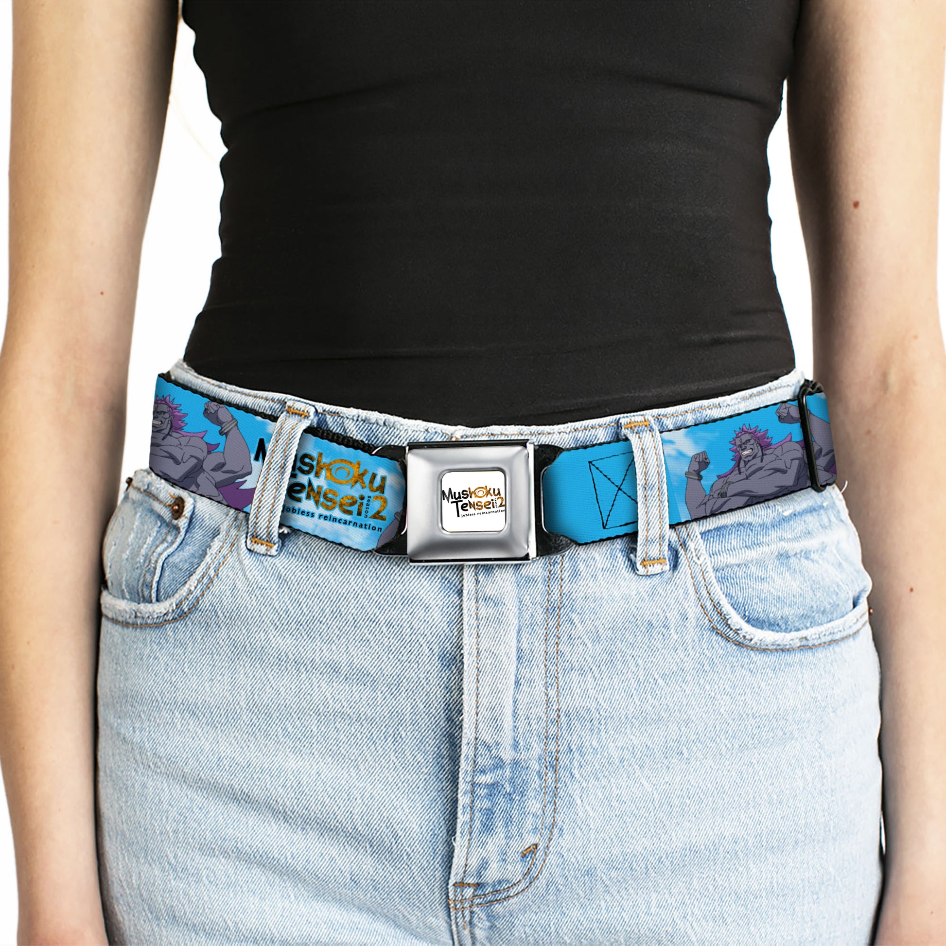 MUSHOKU TENSEI SEASON 2 JOBLESS REINACARNATION Title Logo Full Color White Seatbelt Belt - MUSHOKU TENSEI Badigadi Flex Pose and Title Logo Blue Webbing Seatbelt Belts Mushoku Tensei Jobless Reincarnation