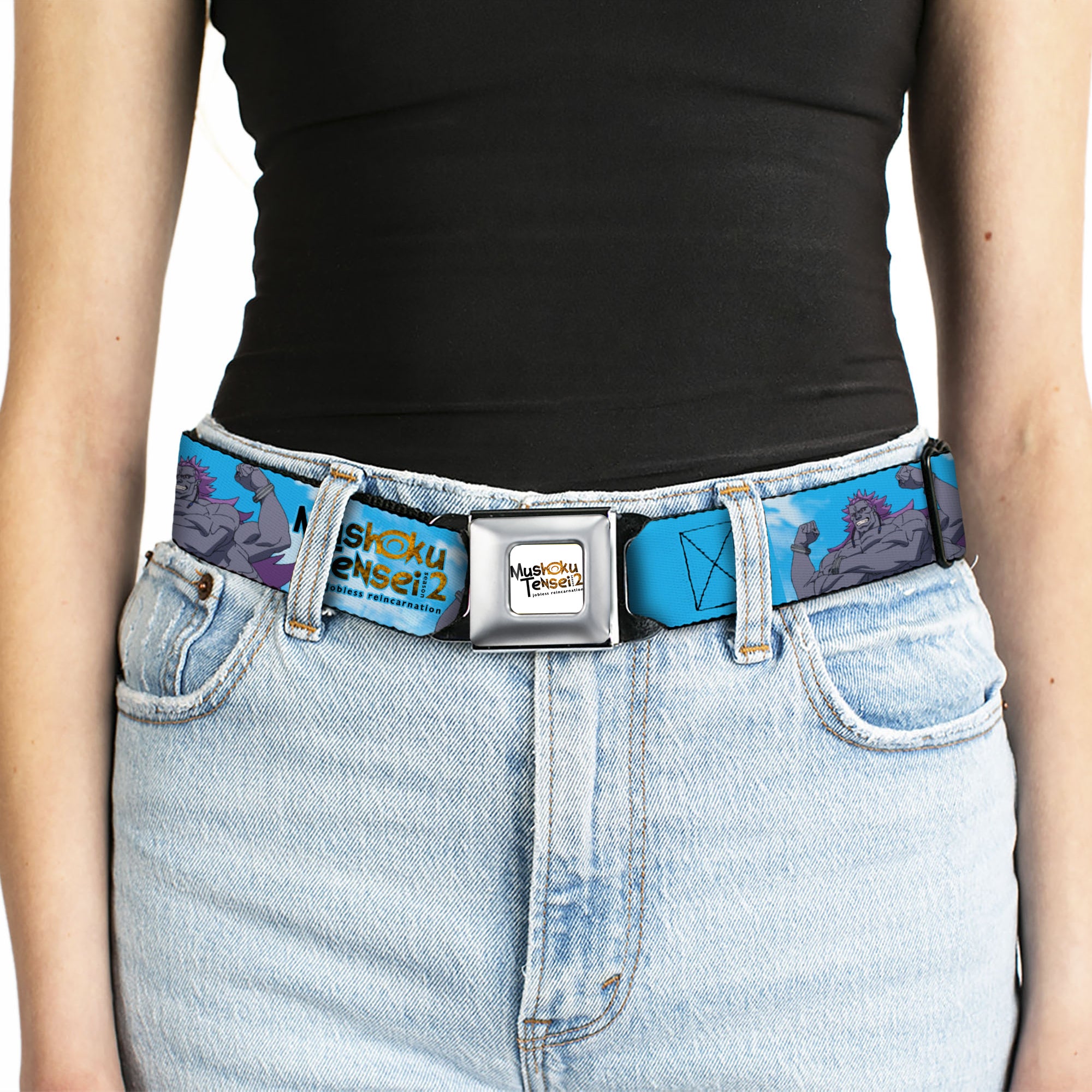 MUSHOKU TENSEI SEASON 2 JOBLESS REINACARNATION Title Logo Full Color White Seatbelt Belt - MUSHOKU TENSEI Badigadi Flex Pose and Title Logo Blue Webbing Seatbelt Belts Mushoku Tensei Jobless Reincarnation