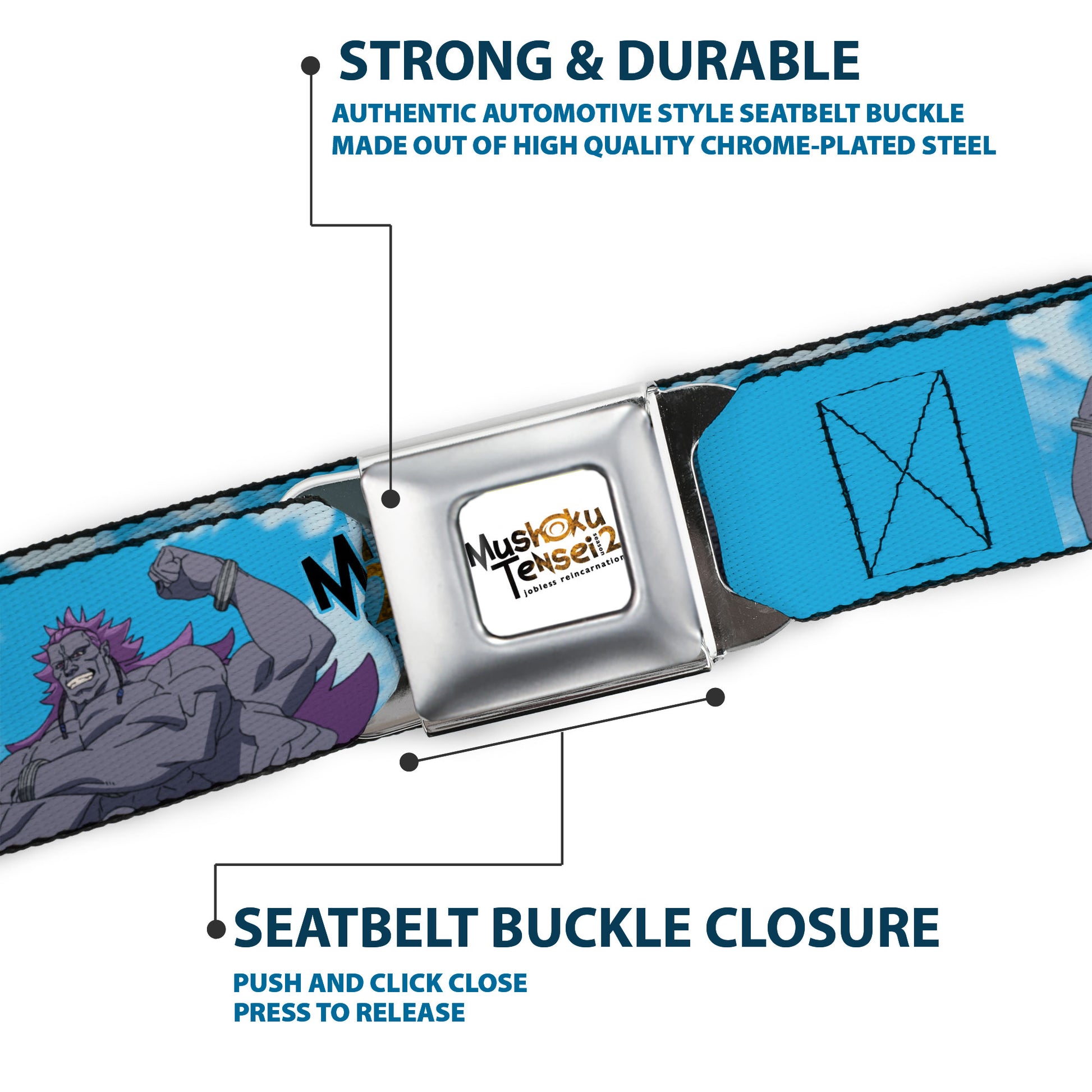 MUSHOKU TENSEI SEASON 2 JOBLESS REINACARNATION Title Logo Full Color White Seatbelt Belt - MUSHOKU TENSEI Badigadi Flex Pose and Title Logo Blue Webbing Seatbelt Belts Mushoku Tensei Jobless Reincarnation