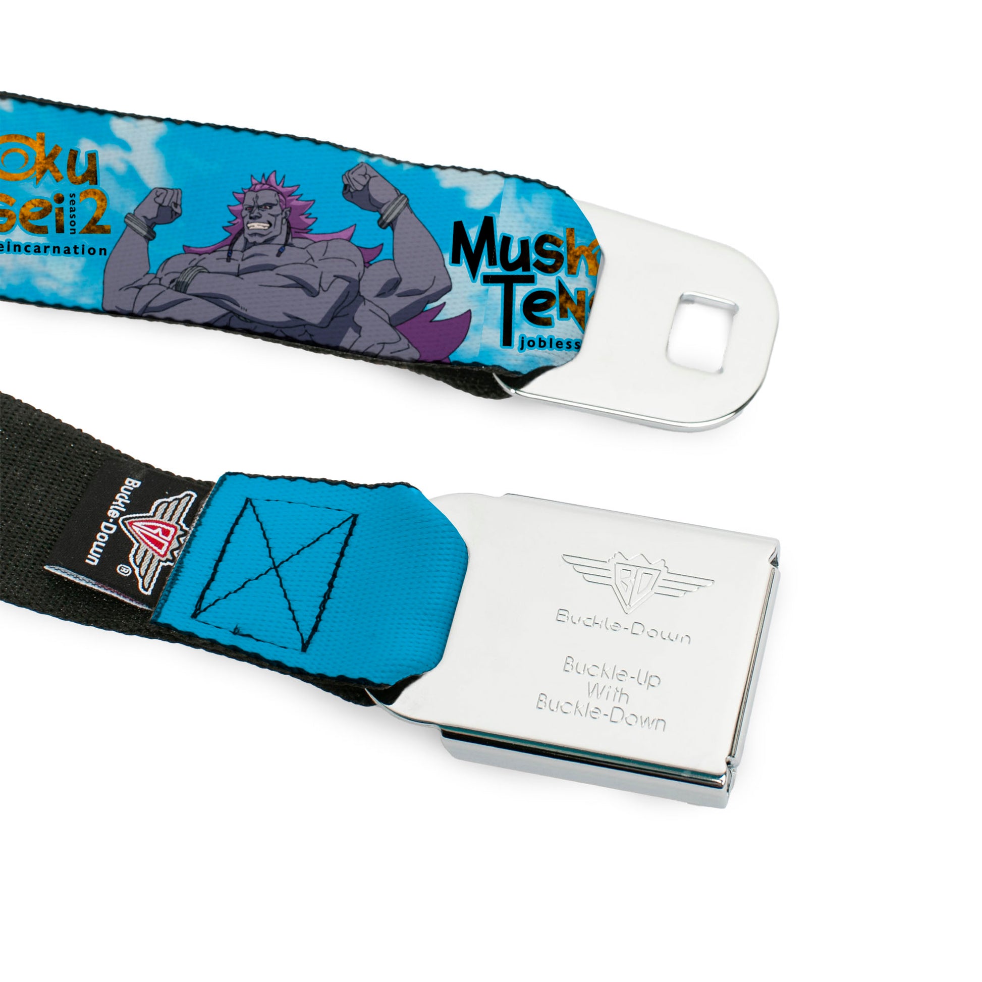 MUSHOKU TENSEI SEASON 2 JOBLESS REINACARNATION Title Logo Full Color White Seatbelt Belt - MUSHOKU TENSEI Badigadi Flex Pose and Title Logo Blue Webbing Seatbelt Belts Mushoku Tensei Jobless Reincarnation