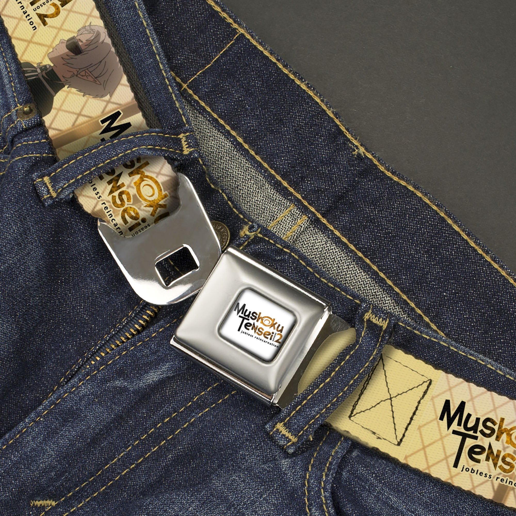 MUSHOKU TENSEI SEASON 2 JOBLESS REINACARNATION Title Logo Full Color White Seatbelt Belt - MUSHOKU TENSEI Guardian Fitz Pose and Title Logo Tan Webbing Seatbelt Belts Mushoku Tensei Jobless Reincarnation