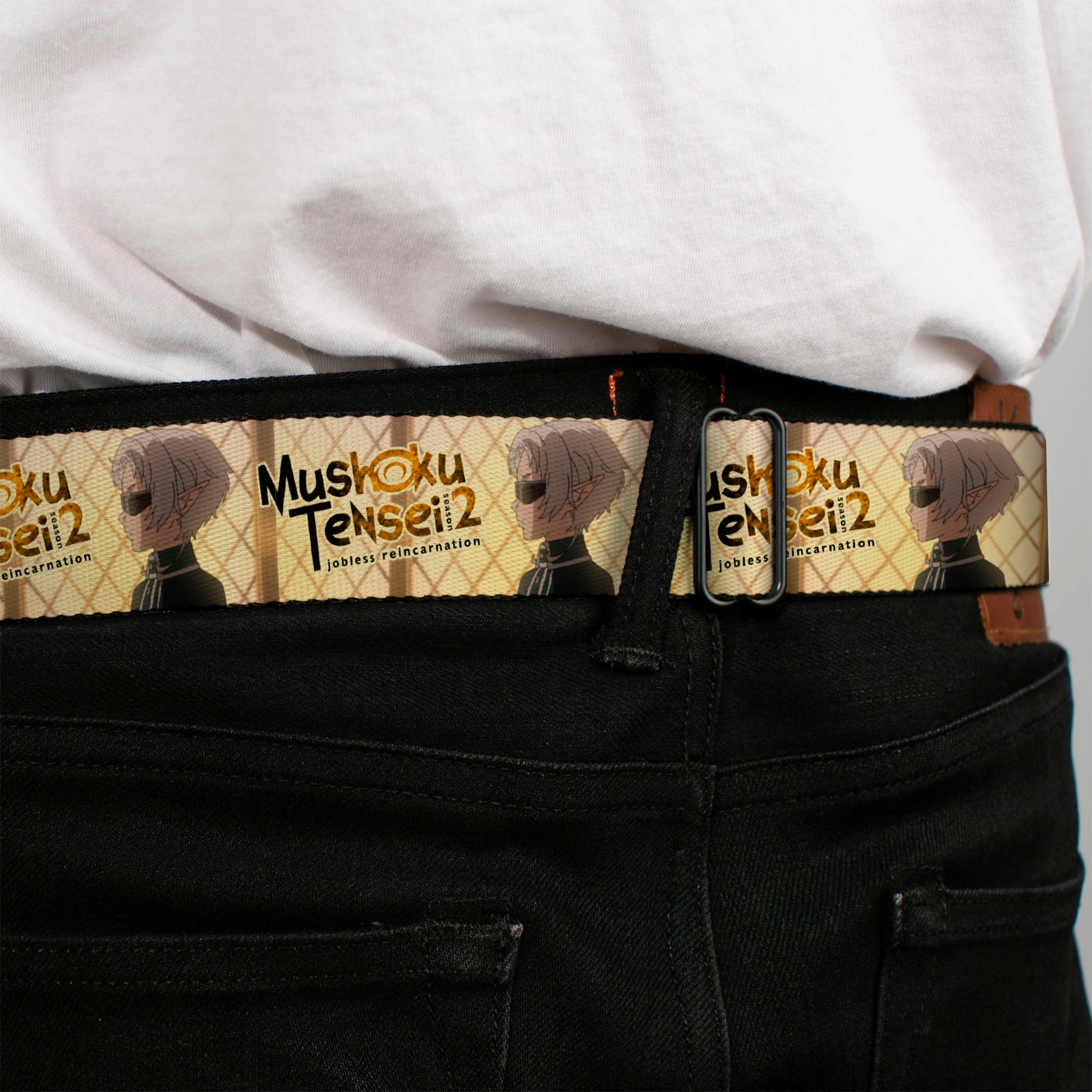 MUSHOKU TENSEI SEASON 2 JOBLESS REINACARNATION Title Logo Full Color White Seatbelt Belt - MUSHOKU TENSEI Guardian Fitz Pose and Title Logo Tan Webbing Seatbelt Belts Mushoku Tensei Jobless Reincarnation