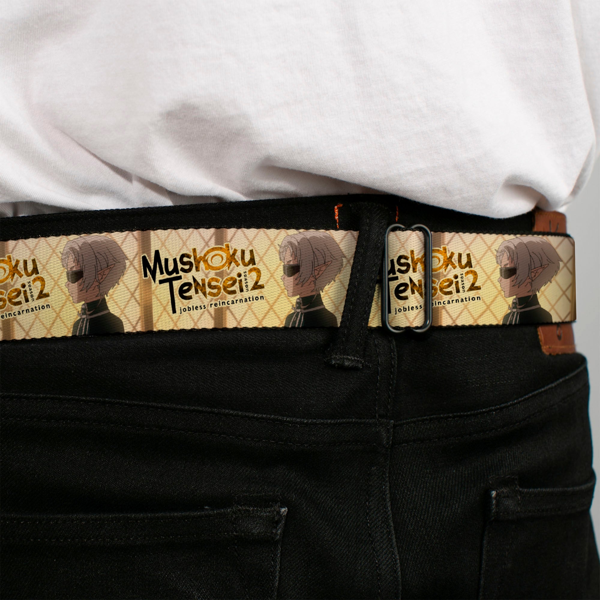 MUSHOKU TENSEI SEASON 2 JOBLESS REINACARNATION Title Logo Full Color White Seatbelt Belt - MUSHOKU TENSEI Guardian Fitz Pose and Title Logo Tan Webbing Seatbelt Belts Mushoku Tensei Jobless Reincarnation