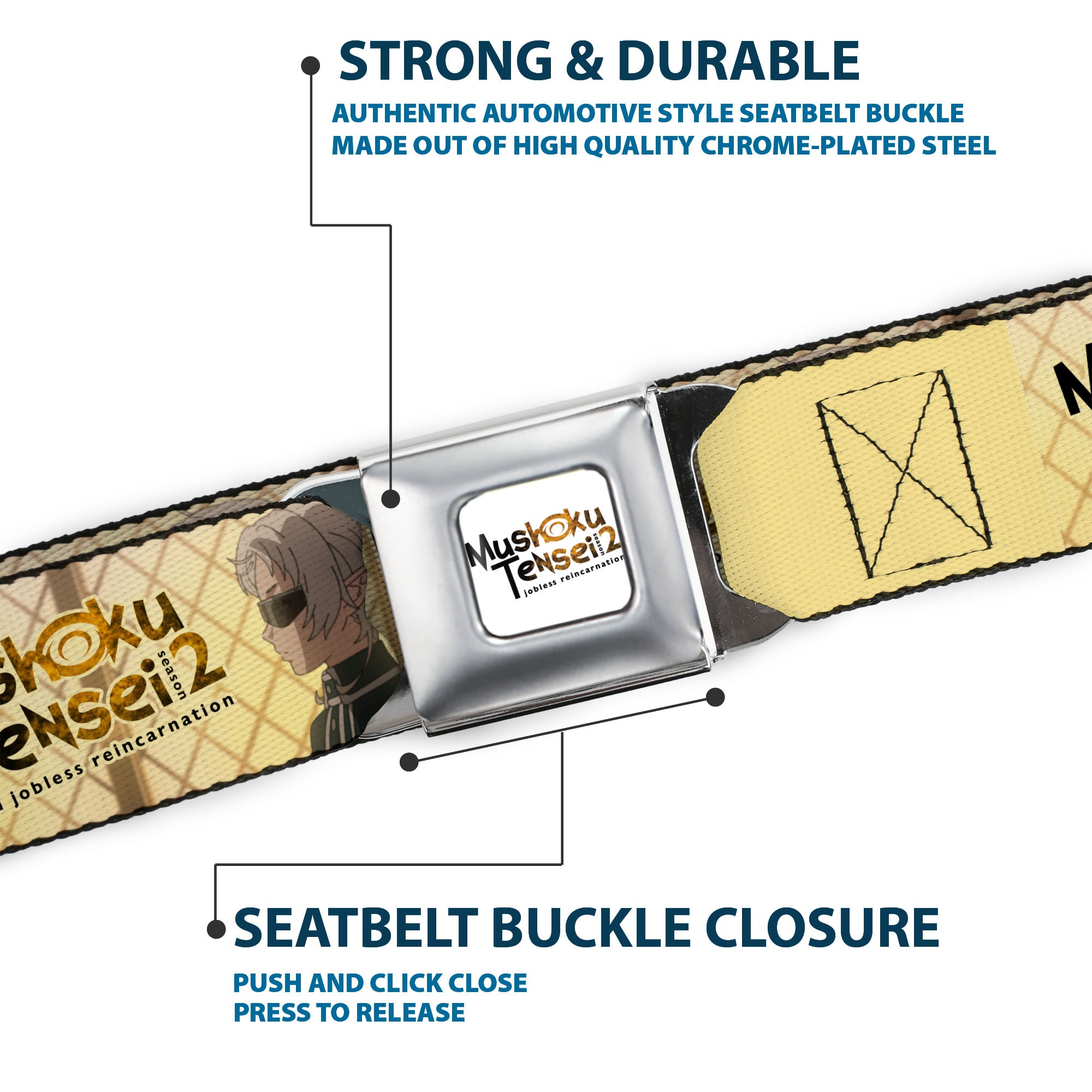 MUSHOKU TENSEI SEASON 2 JOBLESS REINACARNATION Title Logo Full Color White Seatbelt Belt - MUSHOKU TENSEI Guardian Fitz Pose and Title Logo Tan Webbing Seatbelt Belts Mushoku Tensei Jobless Reincarnation