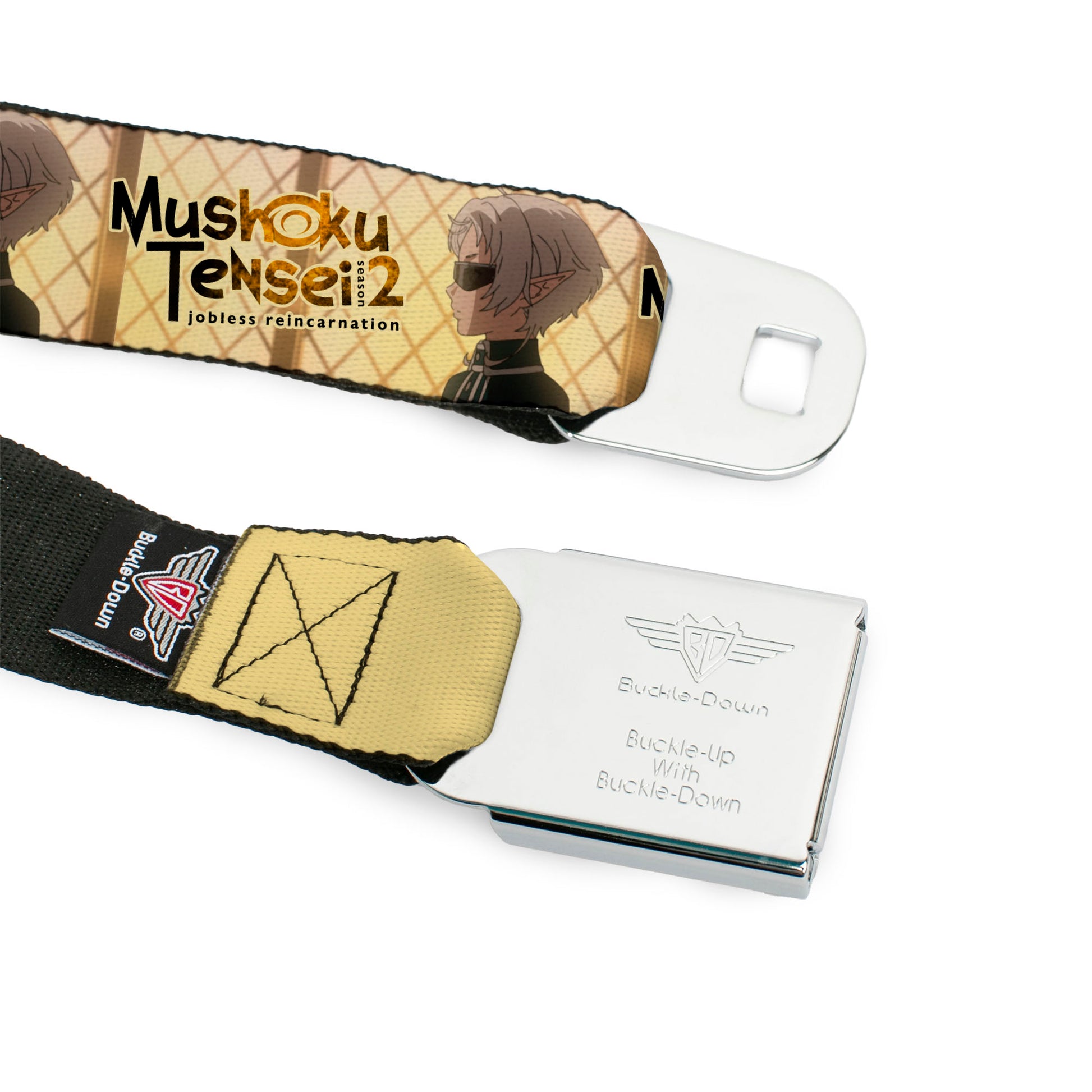MUSHOKU TENSEI SEASON 2 JOBLESS REINACARNATION Title Logo Full Color White Seatbelt Belt - MUSHOKU TENSEI Guardian Fitz Pose and Title Logo Tan Webbing Seatbelt Belts Mushoku Tensei Jobless Reincarnation