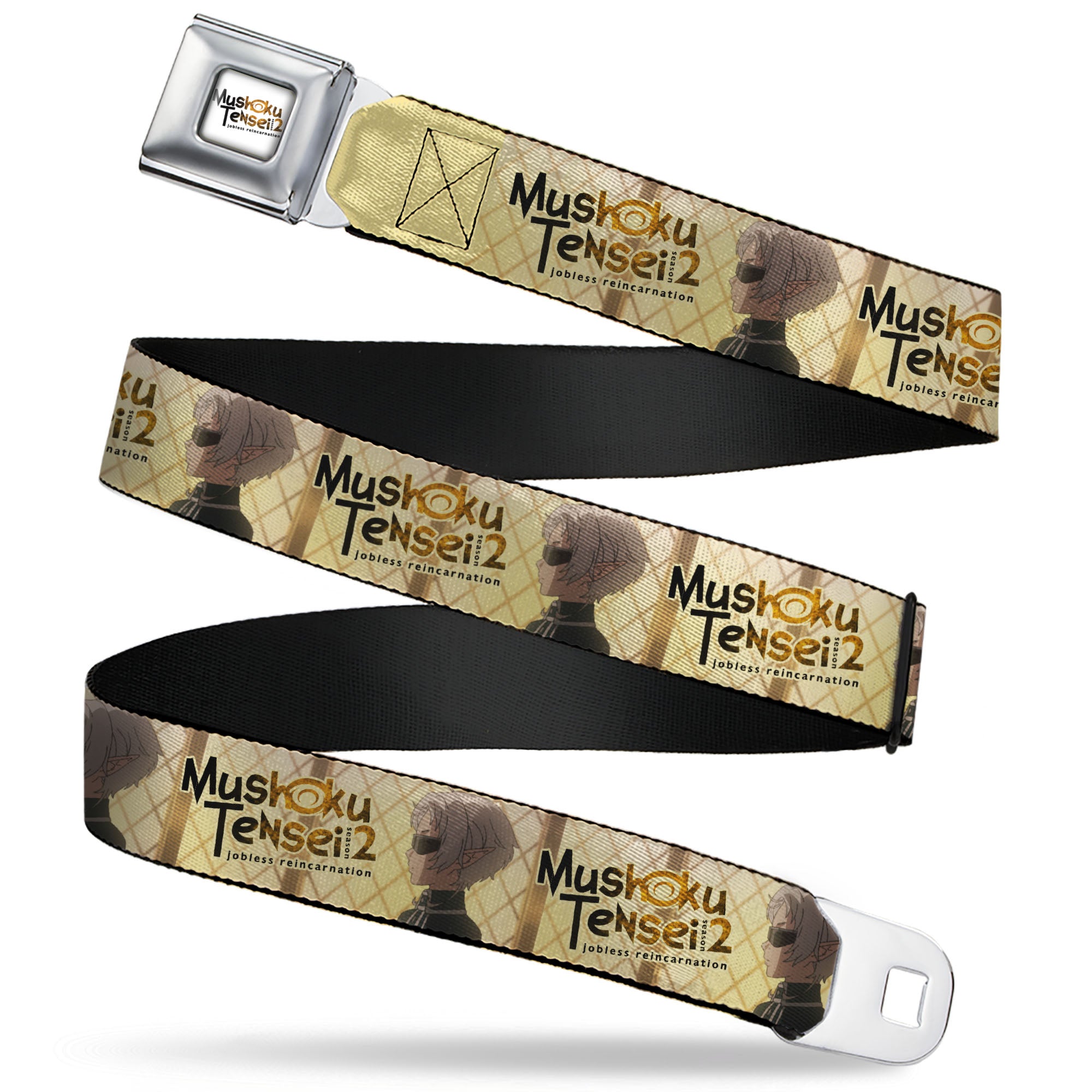 MUSHOKU TENSEI SEASON 2 JOBLESS REINACARNATION Title Logo Full Color White Seatbelt Belt - MUSHOKU TENSEI Guardian Fitz Pose and Title Logo Tan Webbing Seatbelt Belts Mushoku Tensei Jobless Reincarnation