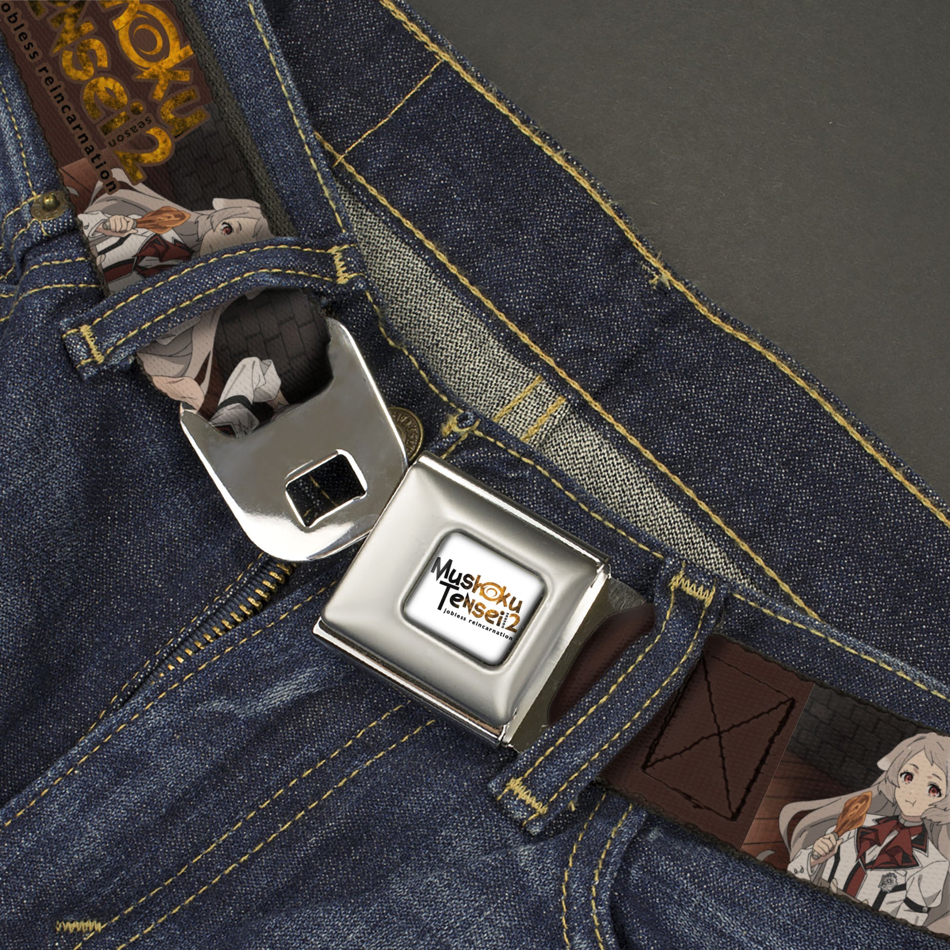 MUSHOKU TENSEI SEASON 2 JOBLESS REINACARNATION Title Logo Full Color White Seatbelt Belt - MUSHOKU TENSEI Pursena and Minitona Pose and Title Logo Brown Webbing Seatbelt Belts Mushoku Tensei Jobless Reincarnation