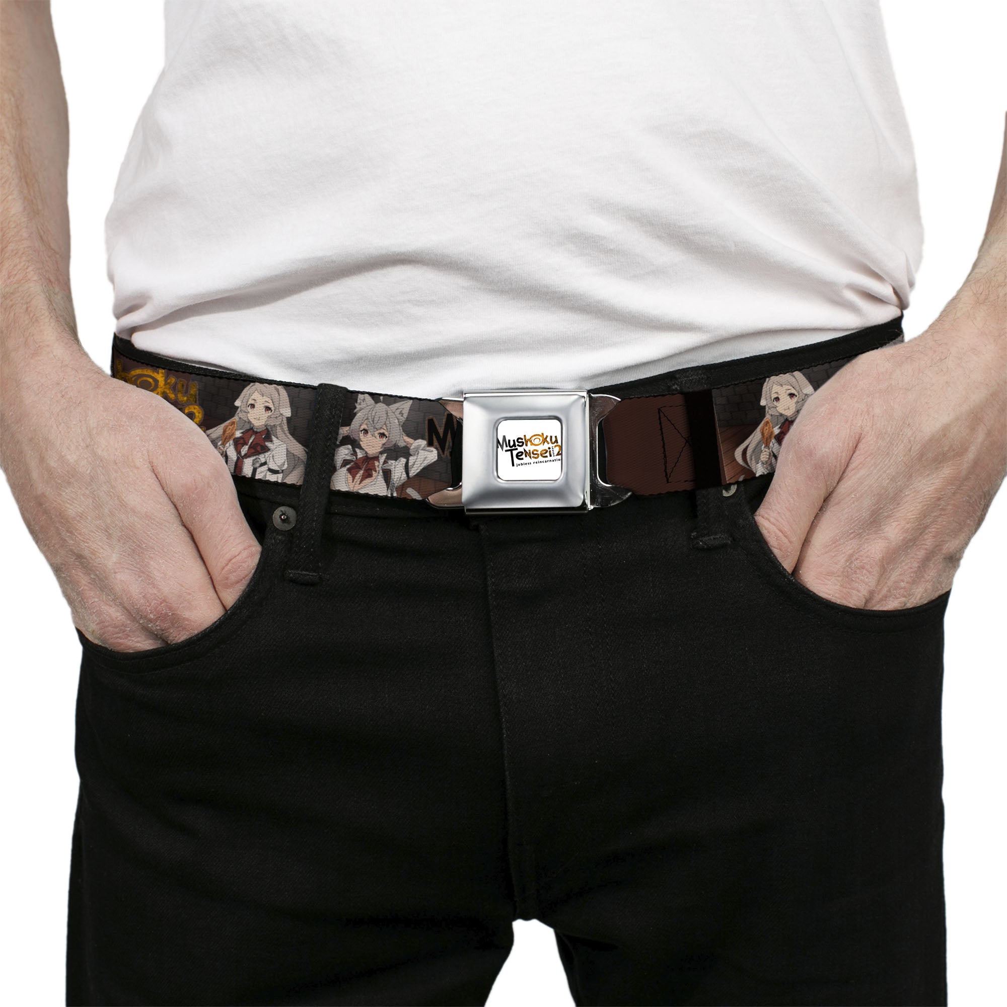 MUSHOKU TENSEI SEASON 2 JOBLESS REINACARNATION Title Logo Full Color White Seatbelt Belt - MUSHOKU TENSEI Pursena and Minitona Pose and Title Logo Brown Webbing Seatbelt Belts Mushoku Tensei Jobless Reincarnation