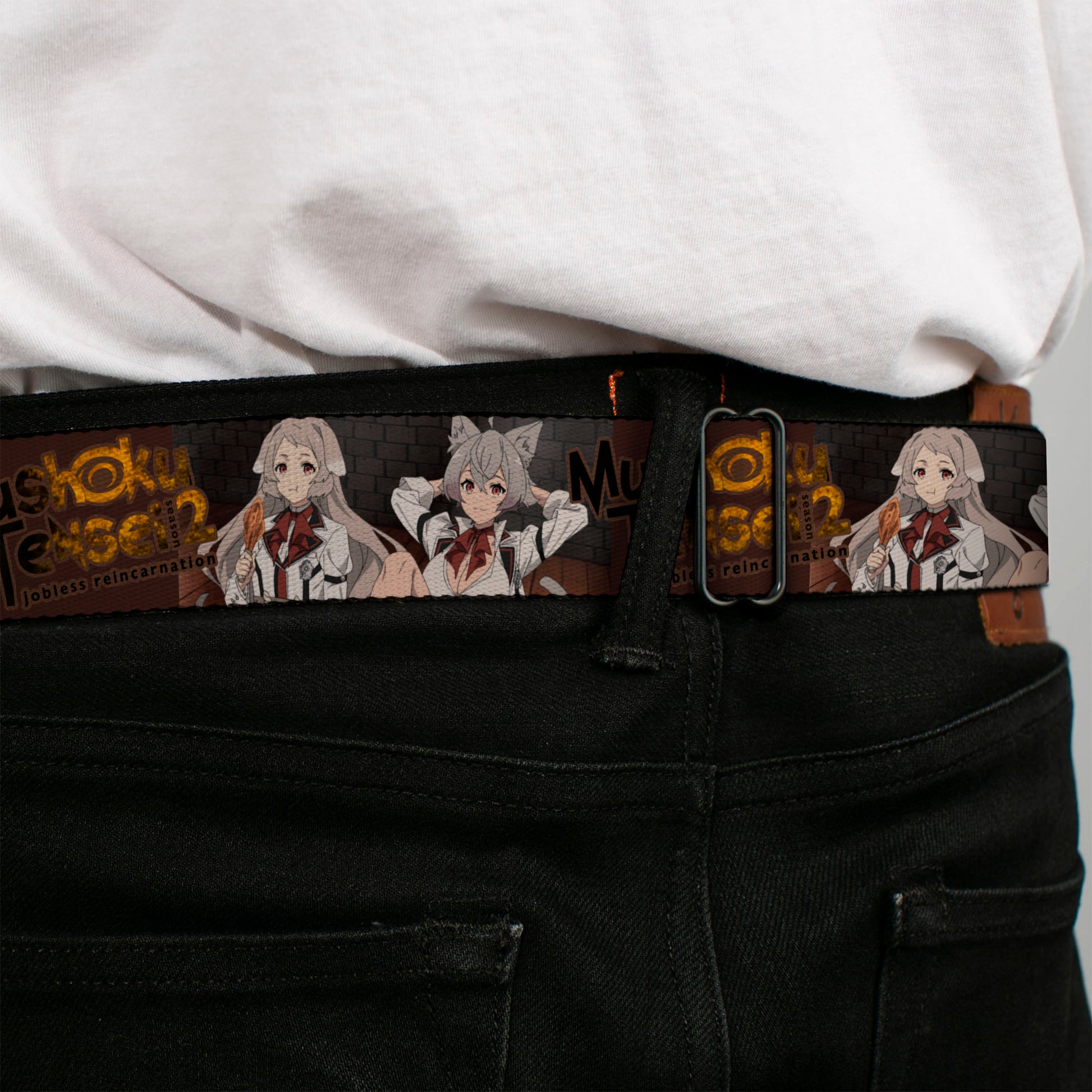 MUSHOKU TENSEI SEASON 2 JOBLESS REINACARNATION Title Logo Full Color White Seatbelt Belt - MUSHOKU TENSEI Pursena and Minitona Pose and Title Logo Brown Webbing Seatbelt Belts Mushoku Tensei Jobless Reincarnation