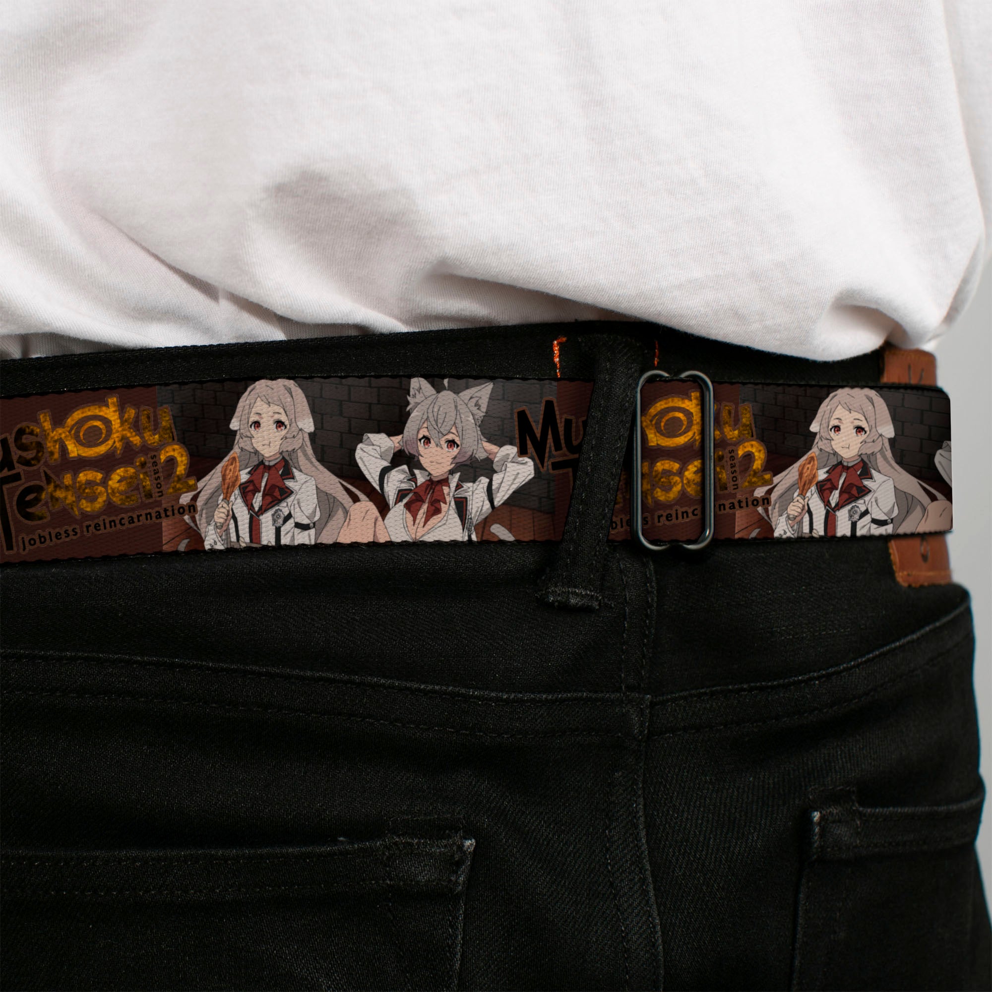 MUSHOKU TENSEI SEASON 2 JOBLESS REINACARNATION Title Logo Full Color White Seatbelt Belt - MUSHOKU TENSEI Pursena and Minitona Pose and Title Logo Brown Webbing Seatbelt Belts Mushoku Tensei Jobless Reincarnation
