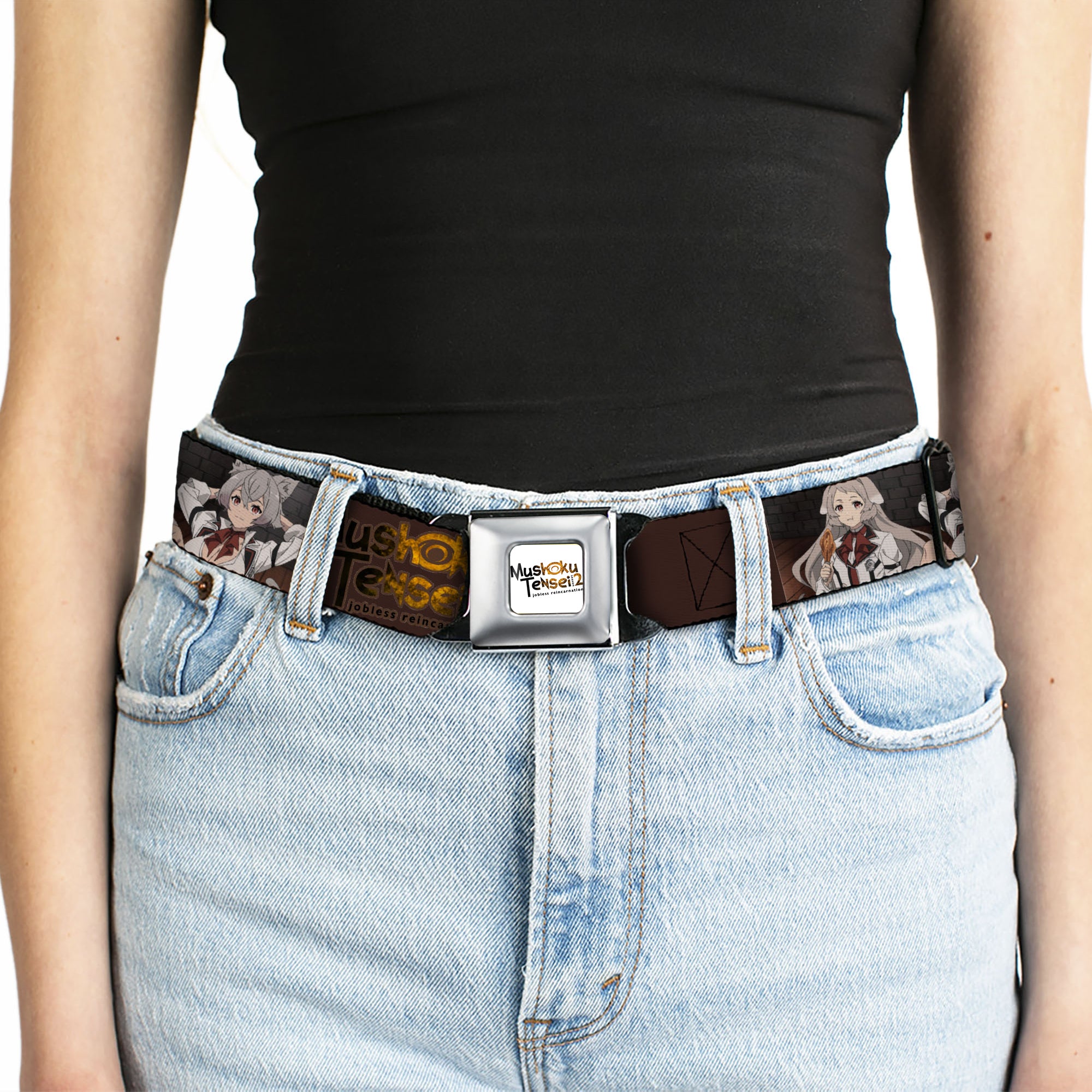 MUSHOKU TENSEI SEASON 2 JOBLESS REINACARNATION Title Logo Full Color White Seatbelt Belt - MUSHOKU TENSEI Pursena and Minitona Pose and Title Logo Brown Webbing Seatbelt Belts Mushoku Tensei Jobless Reincarnation