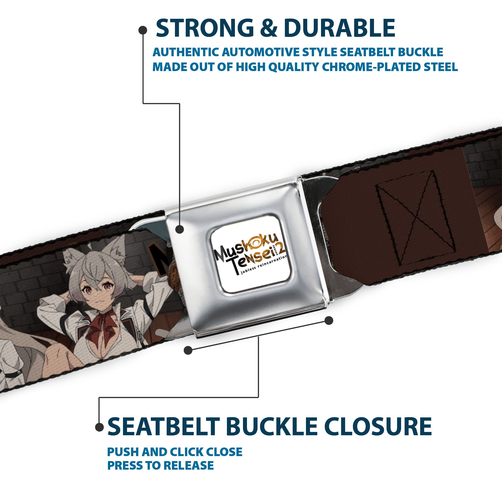MUSHOKU TENSEI SEASON 2 JOBLESS REINACARNATION Title Logo Full Color White Seatbelt Belt - MUSHOKU TENSEI Pursena and Minitona Pose and Title Logo Brown Webbing Seatbelt Belts Mushoku Tensei Jobless Reincarnation