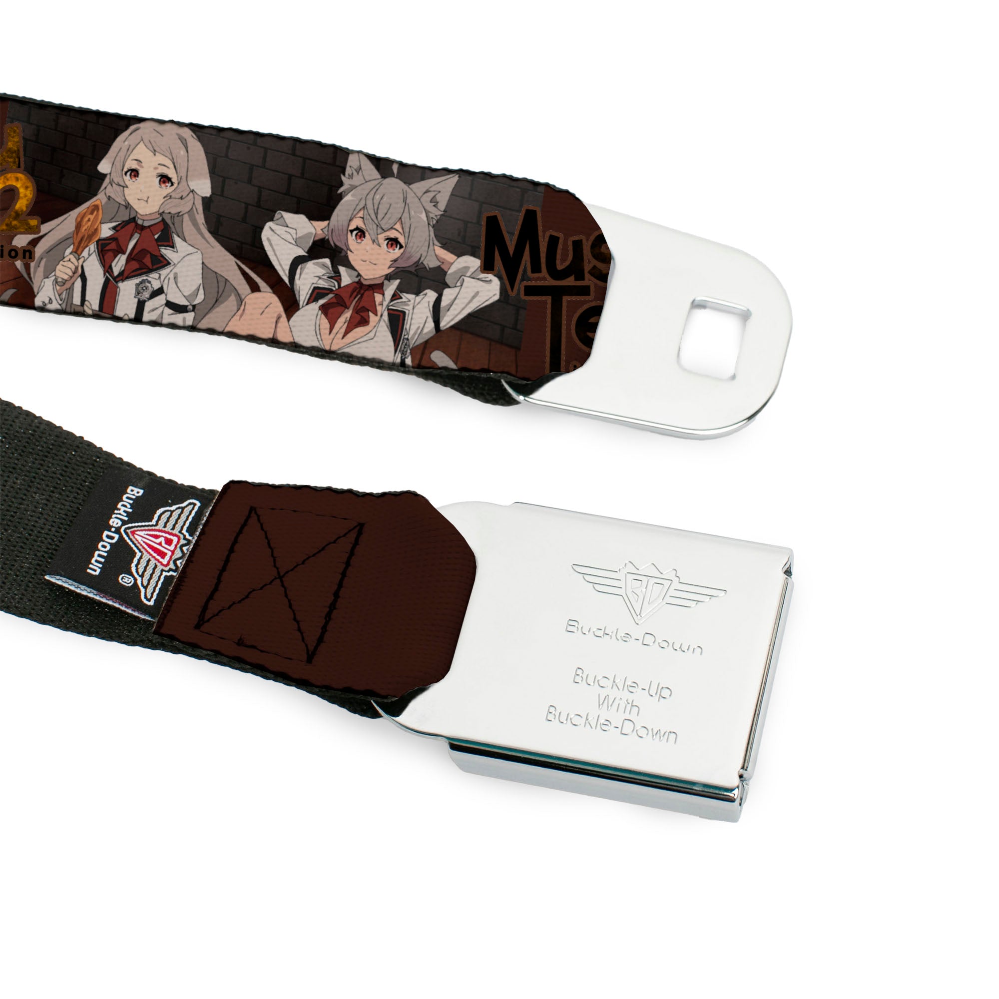 MUSHOKU TENSEI SEASON 2 JOBLESS REINACARNATION Title Logo Full Color White Seatbelt Belt - MUSHOKU TENSEI Pursena and Minitona Pose and Title Logo Brown Webbing Seatbelt Belts Mushoku Tensei Jobless Reincarnation
