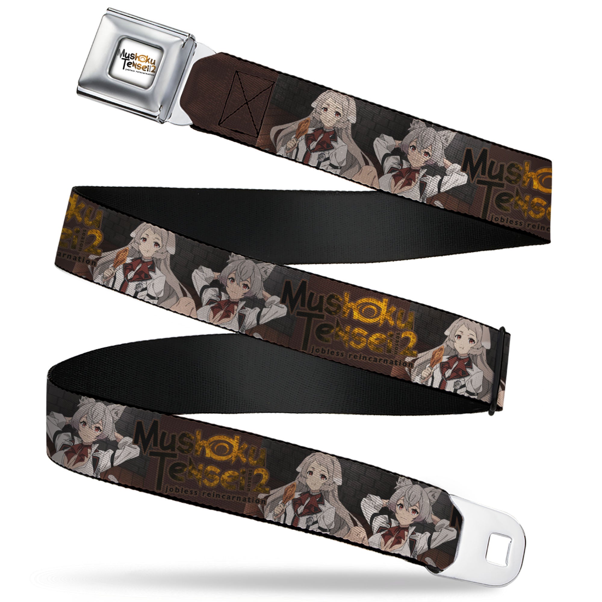MUSHOKU TENSEI SEASON 2 JOBLESS REINACARNATION Title Logo Full Color White Seatbelt Belt - MUSHOKU TENSEI Pursena and Minitona Pose and Title Logo Brown Webbing Seatbelt Belts Mushoku Tensei Jobless Reincarnation
