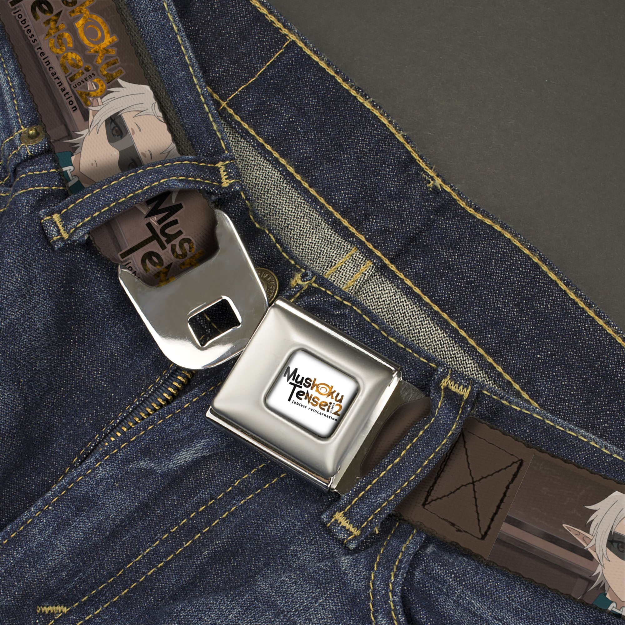 MUSHOKU TENSEI SEASON 2 JOBLESS REINACARNATION Title Logo Full Color White Seatbelt Belt - MUSHOKU TENSEI Pursena Adoldia Pose and Title Logo Browns Webbing Seatbelt Belts Mushoku Tensei Jobless Reincarnation