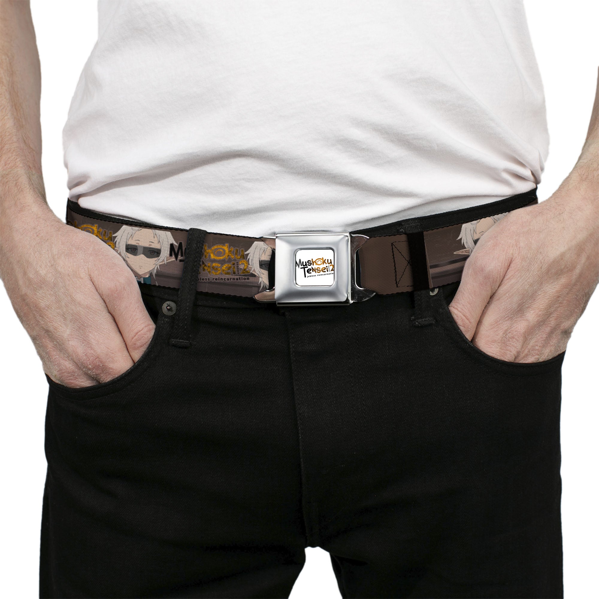 MUSHOKU TENSEI SEASON 2 JOBLESS REINACARNATION Title Logo Full Color White Seatbelt Belt - MUSHOKU TENSEI Pursena Adoldia Pose and Title Logo Browns Webbing Seatbelt Belts Mushoku Tensei Jobless Reincarnation