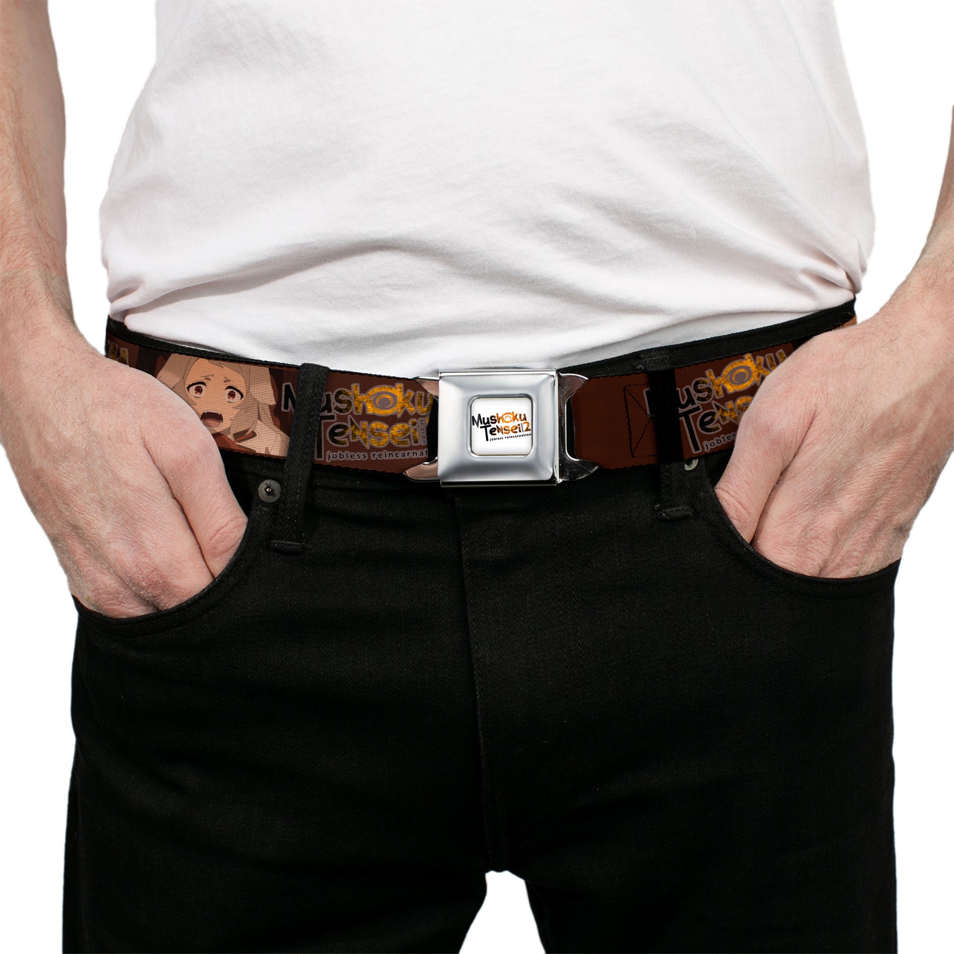 MUSHOKU TENSEI SEASON 2 JOBLESS REINACARNATION Title Logo Full Color White Seatbelt Belt - MUSHOKU TENSEI Pursena Adoldia Pose and Title Logo Browns Webbing Seatbelt Belts Mushoku Tensei Jobless Reincarnation