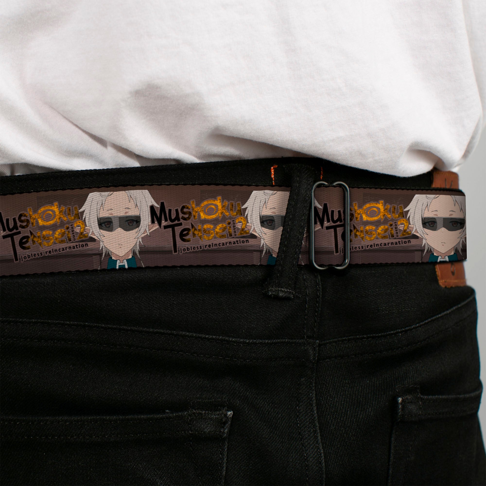 MUSHOKU TENSEI SEASON 2 JOBLESS REINACARNATION Title Logo Full Color White Seatbelt Belt - MUSHOKU TENSEI Pursena Adoldia Pose and Title Logo Browns Webbing Seatbelt Belts Mushoku Tensei Jobless Reincarnation