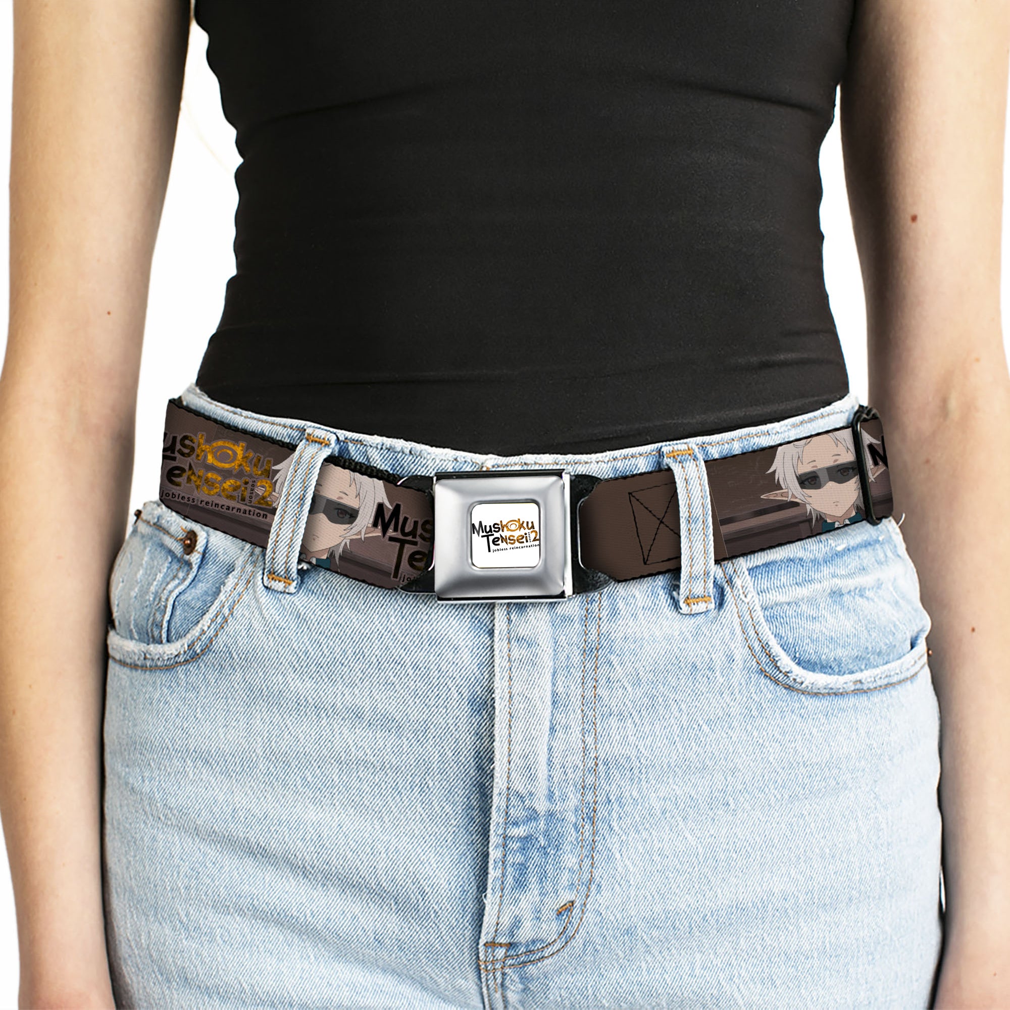 MUSHOKU TENSEI SEASON 2 JOBLESS REINACARNATION Title Logo Full Color White Seatbelt Belt - MUSHOKU TENSEI Pursena Adoldia Pose and Title Logo Browns Webbing Seatbelt Belts Mushoku Tensei Jobless Reincarnation