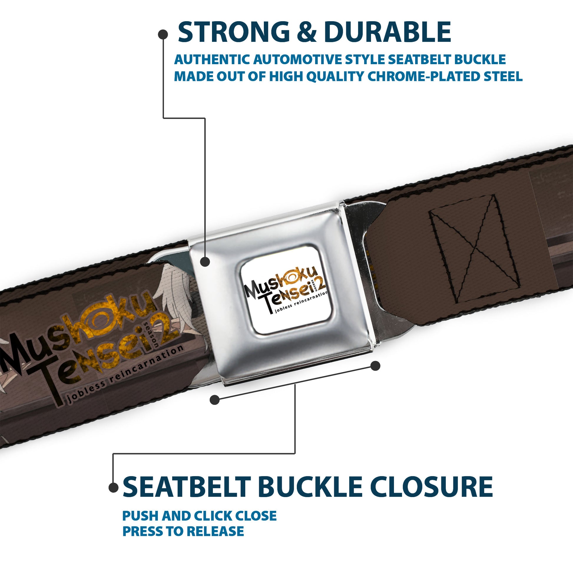 MUSHOKU TENSEI SEASON 2 JOBLESS REINACARNATION Title Logo Full Color White Seatbelt Belt - MUSHOKU TENSEI Pursena Adoldia Pose and Title Logo Browns Webbing Seatbelt Belts Mushoku Tensei Jobless Reincarnation