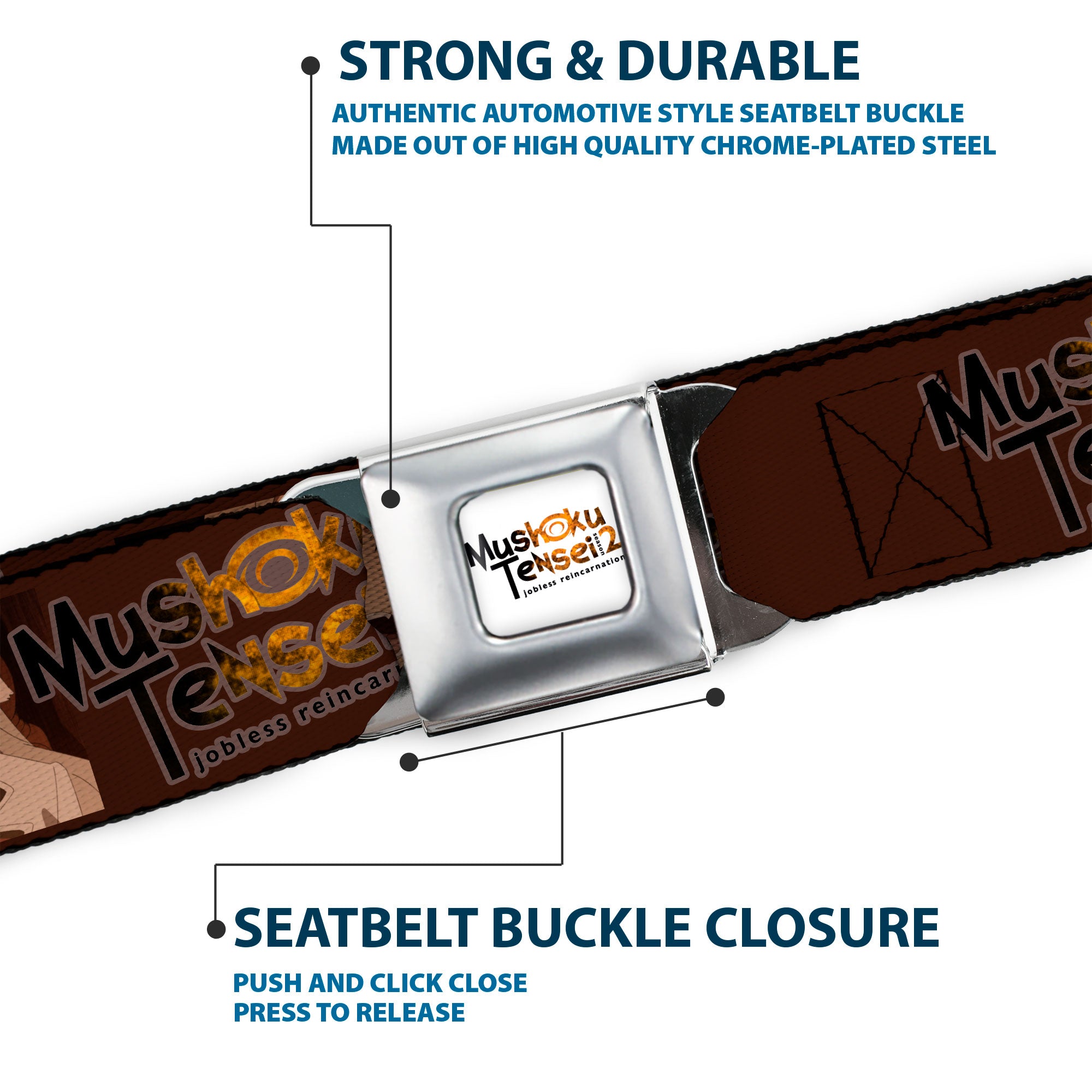 MUSHOKU TENSEI SEASON 2 JOBLESS REINACARNATION Title Logo Full Color White Seatbelt Belt - MUSHOKU TENSEI Pursena Adoldia Pose and Title Logo Browns Webbing Seatbelt Belts Mushoku Tensei Jobless Reincarnation
