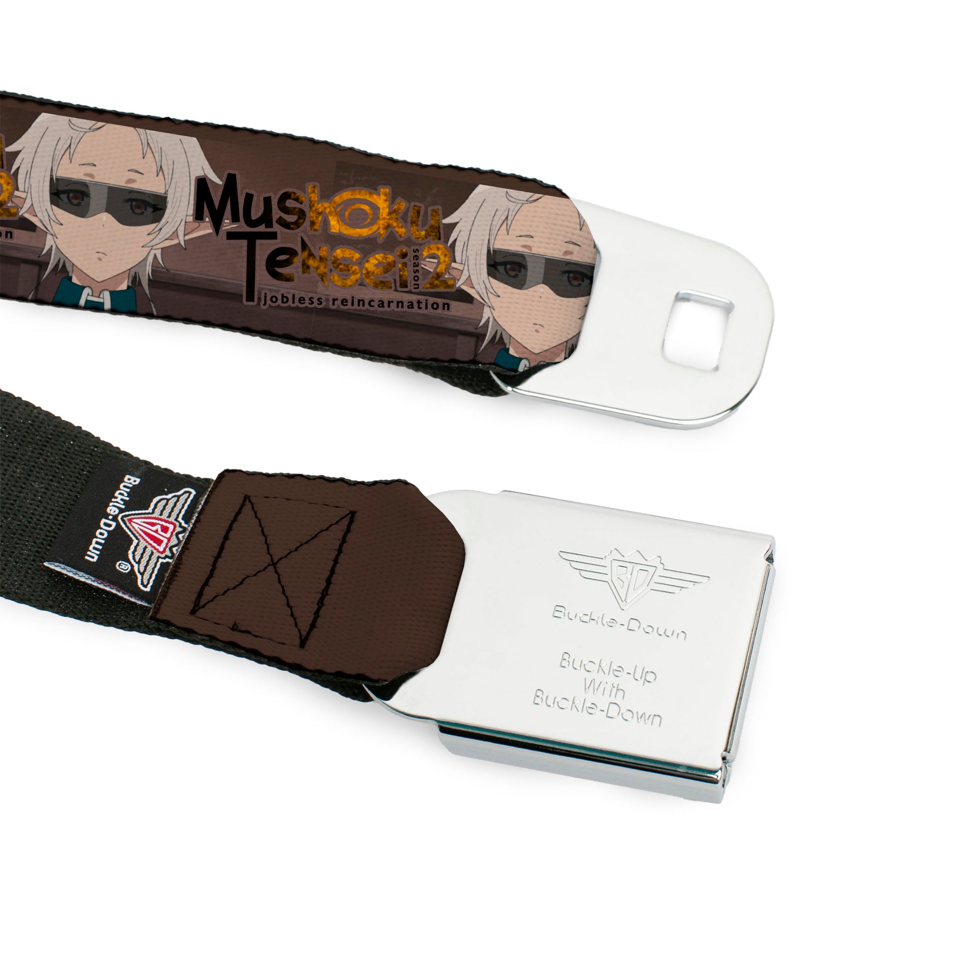 MUSHOKU TENSEI SEASON 2 JOBLESS REINACARNATION Title Logo Full Color White Seatbelt Belt - MUSHOKU TENSEI Pursena Adoldia Pose and Title Logo Browns Webbing Seatbelt Belts Mushoku Tensei Jobless Reincarnation