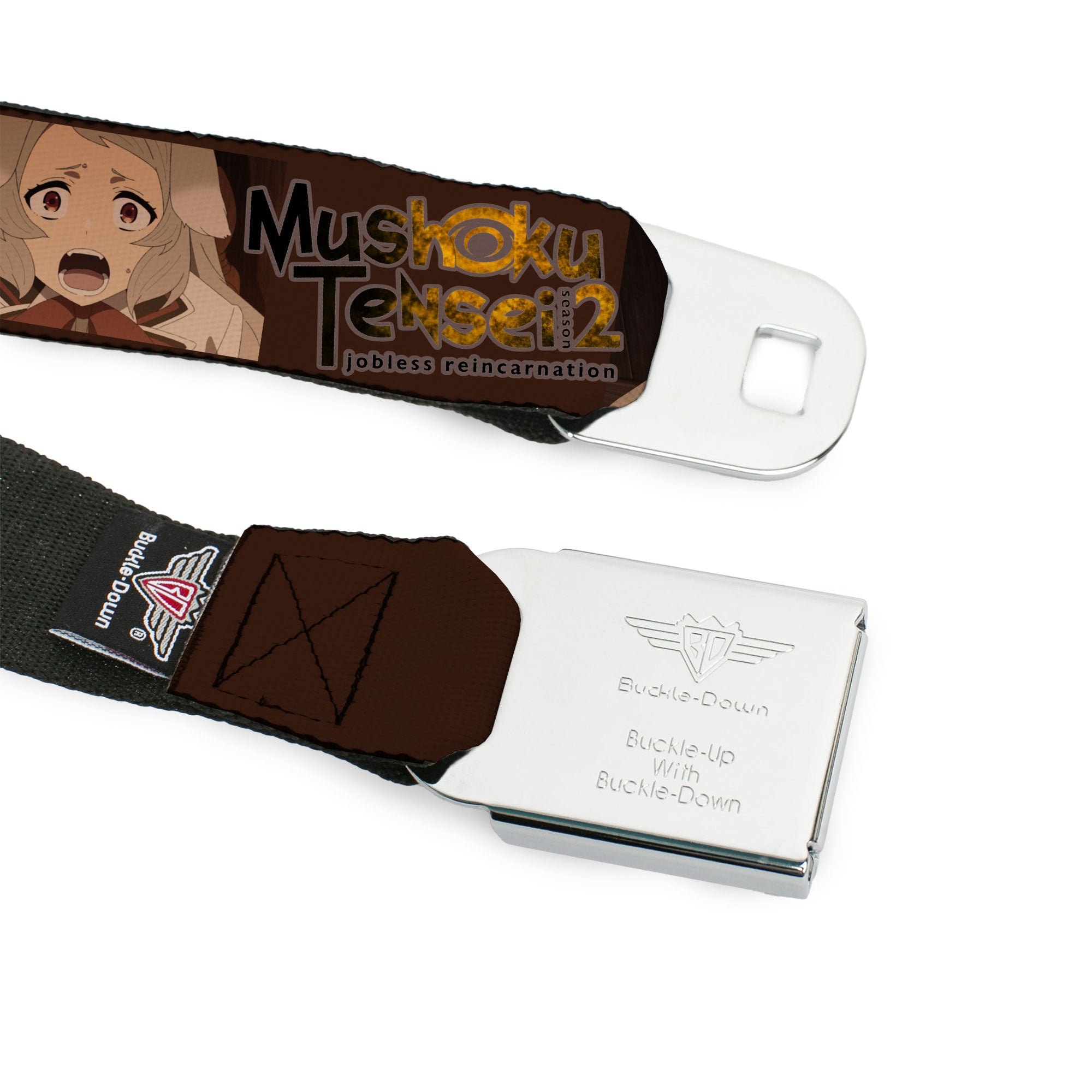 MUSHOKU TENSEI SEASON 2 JOBLESS REINACARNATION Title Logo Full Color White Seatbelt Belt - MUSHOKU TENSEI Pursena Adoldia Pose and Title Logo Browns Webbing Seatbelt Belts Mushoku Tensei Jobless Reincarnation