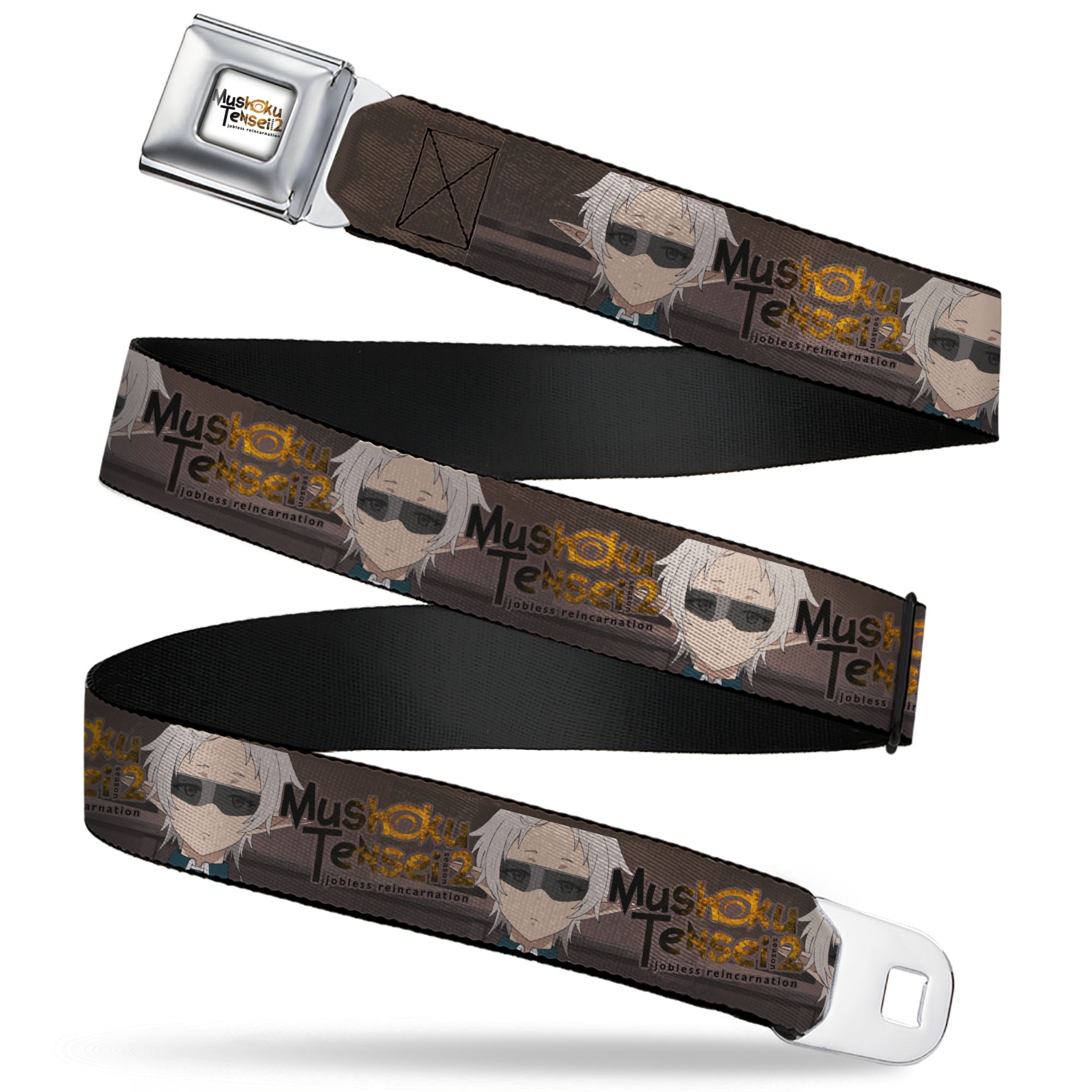 MUSHOKU TENSEI SEASON 2 JOBLESS REINACARNATION Title Logo Full Color White Seatbelt Belt - MUSHOKU TENSEI Pursena Adoldia Pose and Title Logo Browns Webbing Seatbelt Belts Mushoku Tensei Jobless Reincarnation