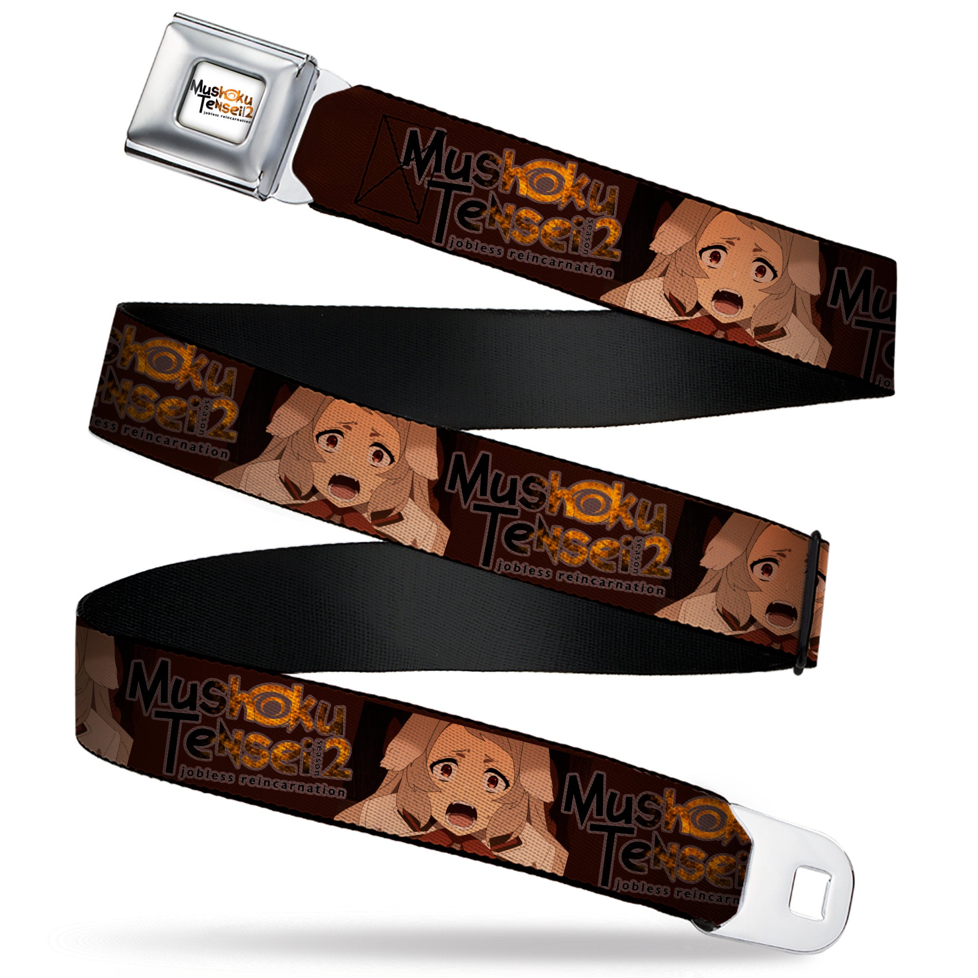 MUSHOKU TENSEI SEASON 2 JOBLESS REINACARNATION Title Logo Full Color White Seatbelt Belt - MUSHOKU TENSEI Pursena Adoldia Pose and Title Logo Browns Webbing Seatbelt Belts Mushoku Tensei Jobless Reincarnation