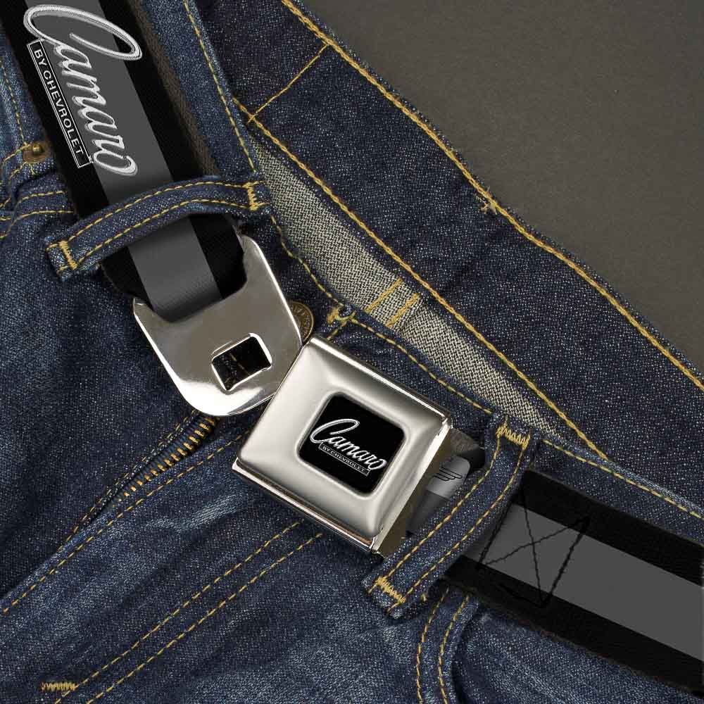 1969 CAMARO BY CHEVROLET Emblem Full Color Black Silver Seatbelt Belt - 1969 CAMARO BY CHEVROLET Emblem/Stripe Black/Gray/Silver Webbing Seatbelt Belts GM General Motors